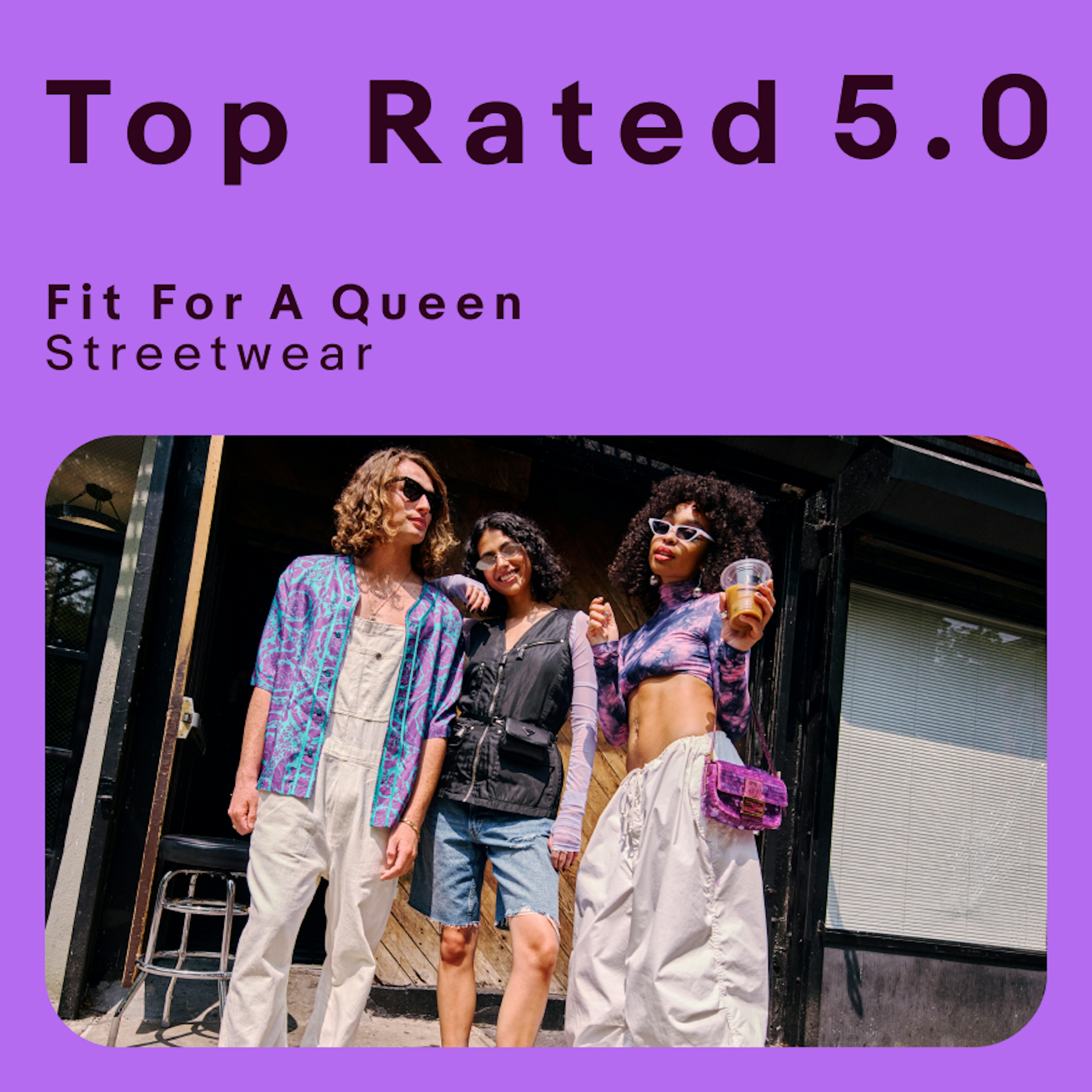 A vibrant purple ad with an image of 3 people wearing fashionable clothes. The type at the top is using very wide, tracked type which causes a lot of gaps in the letters.