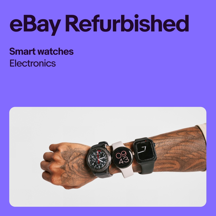 A vibrant purple ad for smart watches. The headline has “eBay Refurbished”.