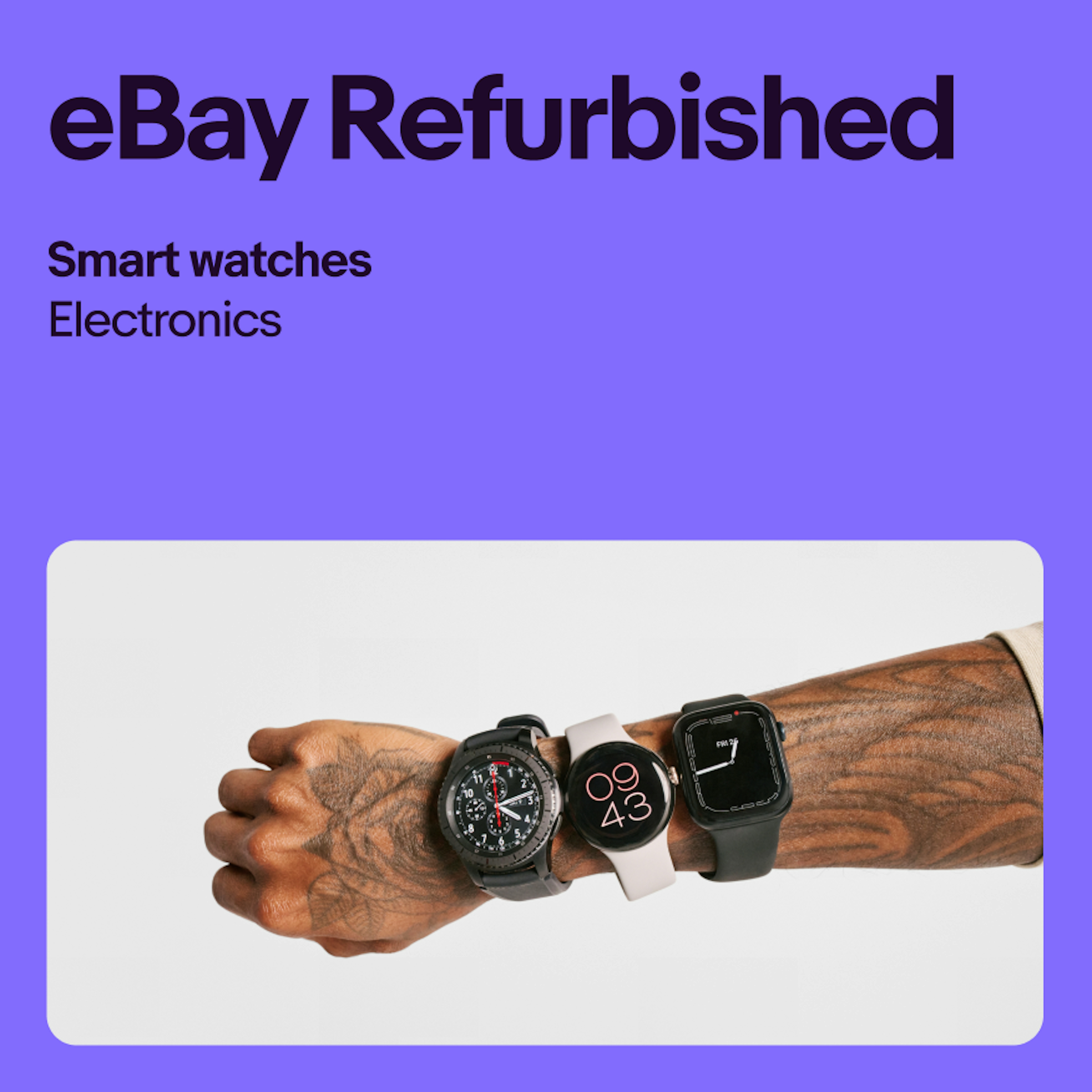 A vibrant purple ad for smart watches. The headline has “eBay Refurbished”.