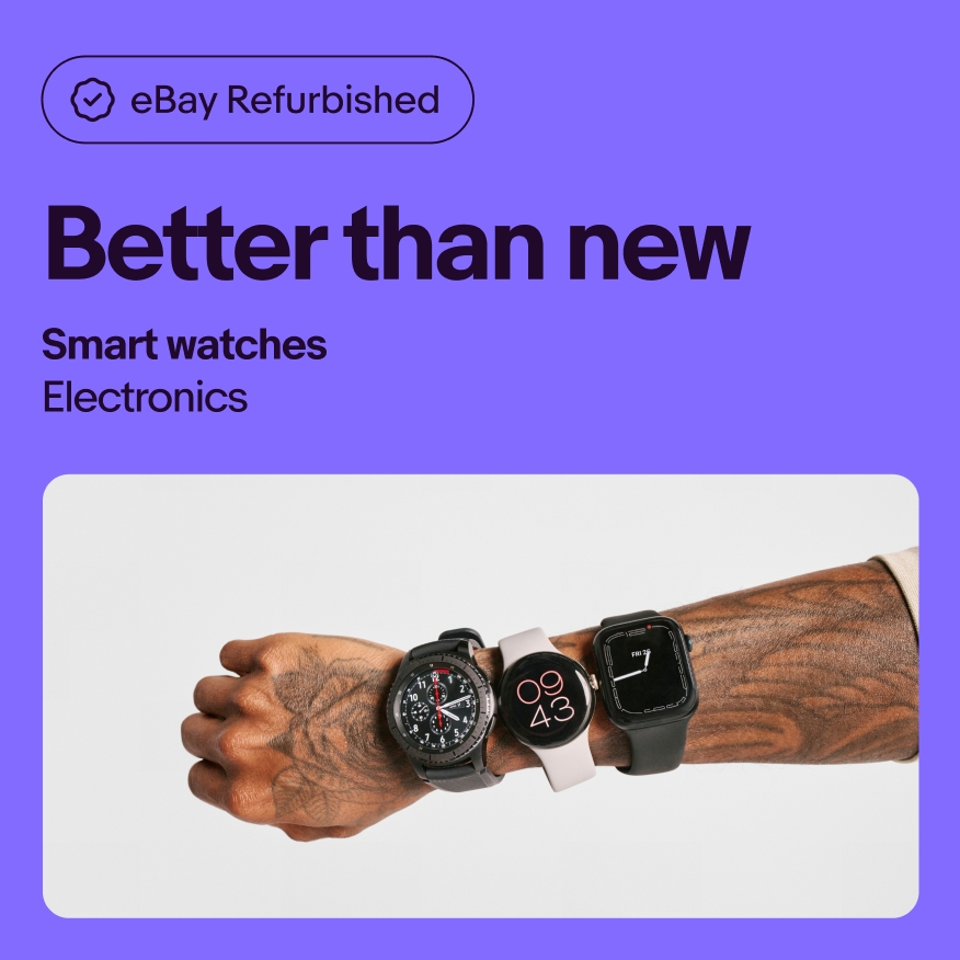 A vibrant purple ad for smart watches. “eBay Refurbished” is placed next to its program icon inside of a pill shape at the top of the layout above the headline “Better than new”.