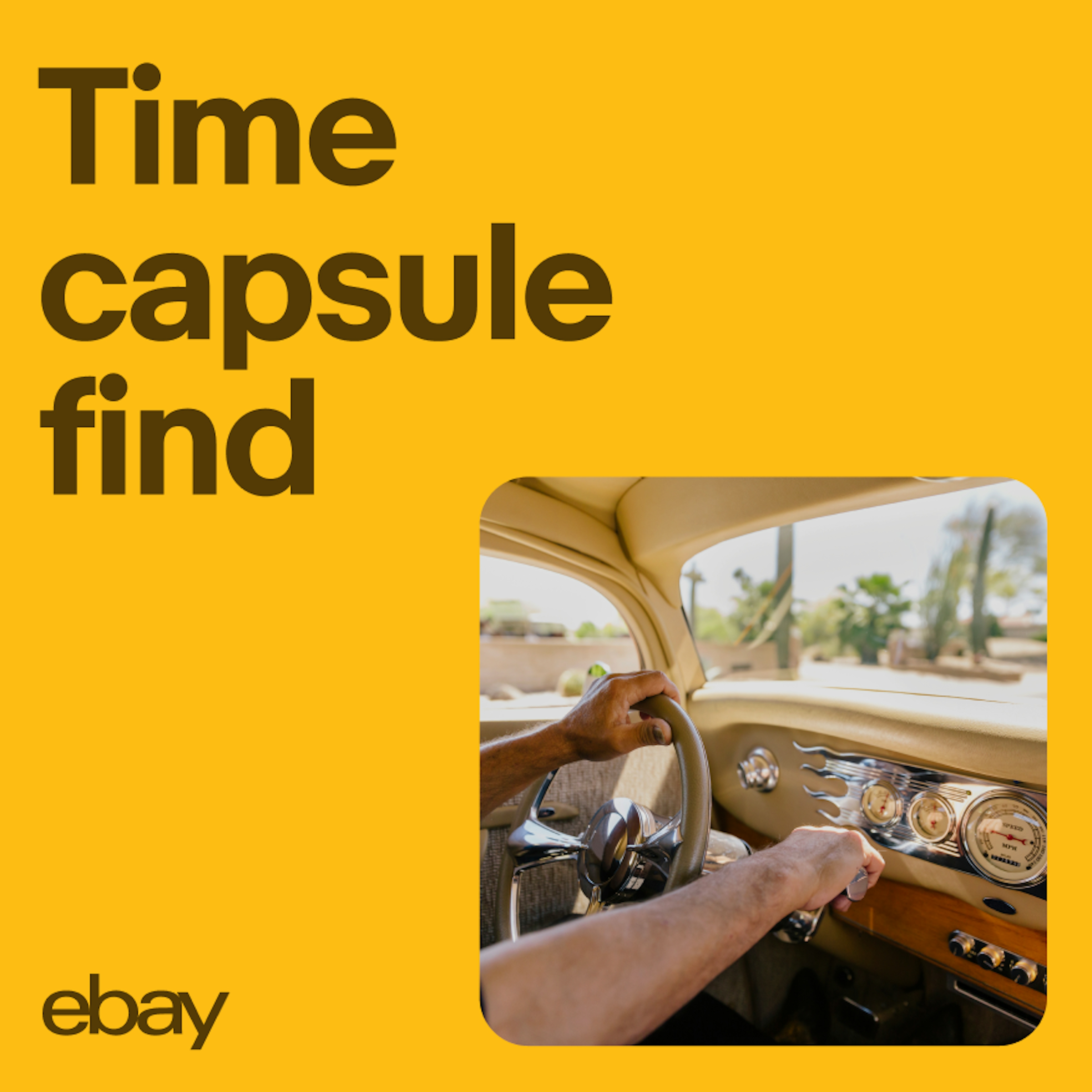A vibrant yellow ad for motors. The official campaign is “Time Capsule Find”, but the headline uses “Time capsule find”.