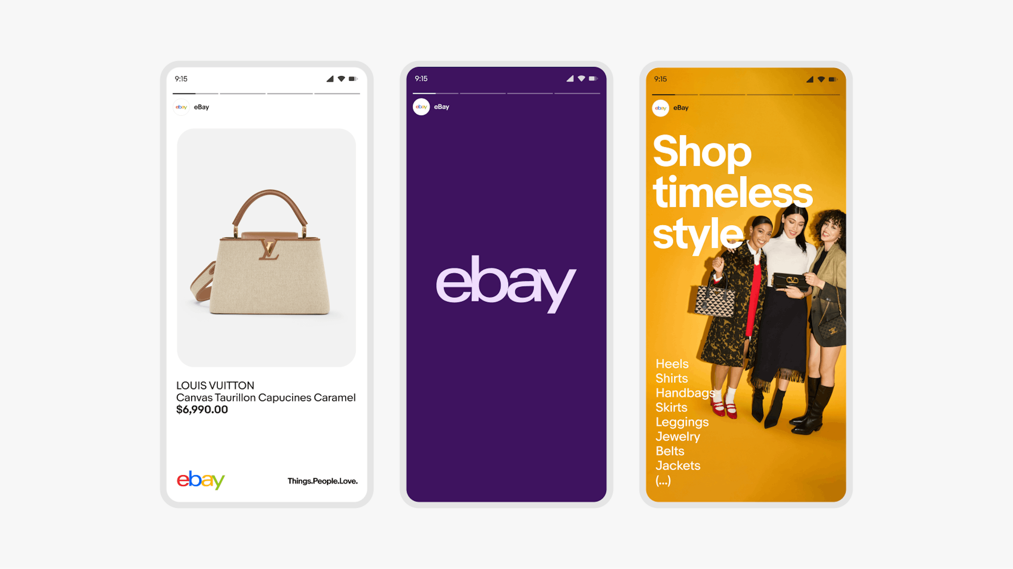 Three fashion-inspired social media story designs. The first highlights a bag in an item tile-style layout. The second is the eBay logo over a vibrant purple background. The third has the text “Shop timeless style” over an image of 3 women holding luxury bags in front of a vibrant yellow background.