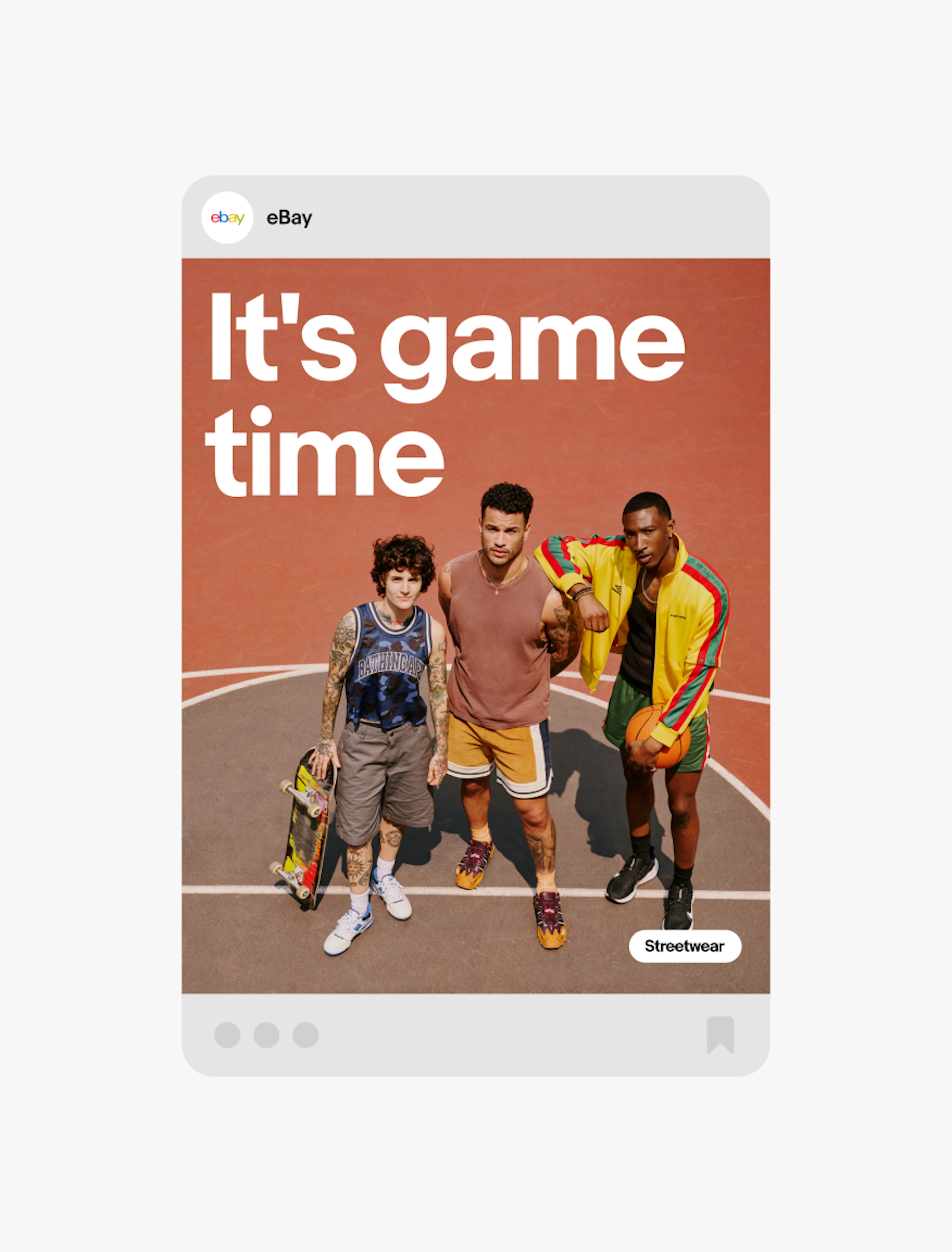 A social media ad with a a full bleed image of three people standing on a basketball court. The headline is “It’s game time”.