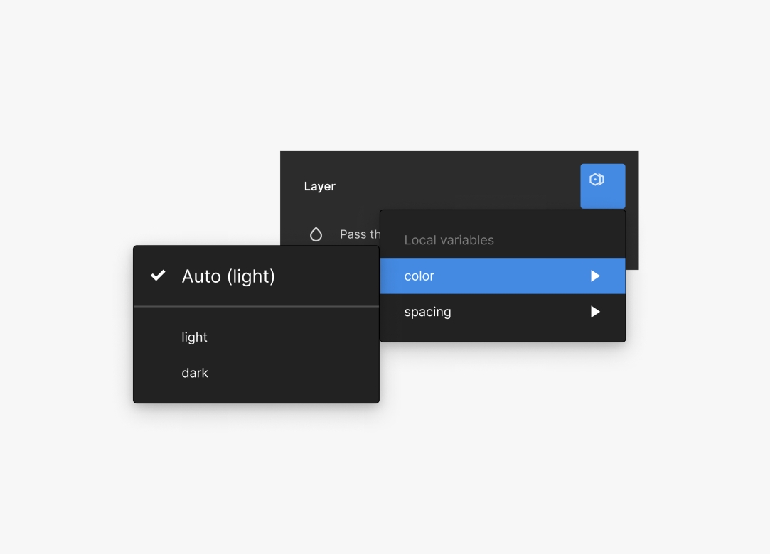 The ‘Change variable mode’ is selected in Figma showing a dropdown menu with the option to switch from light to dark mode