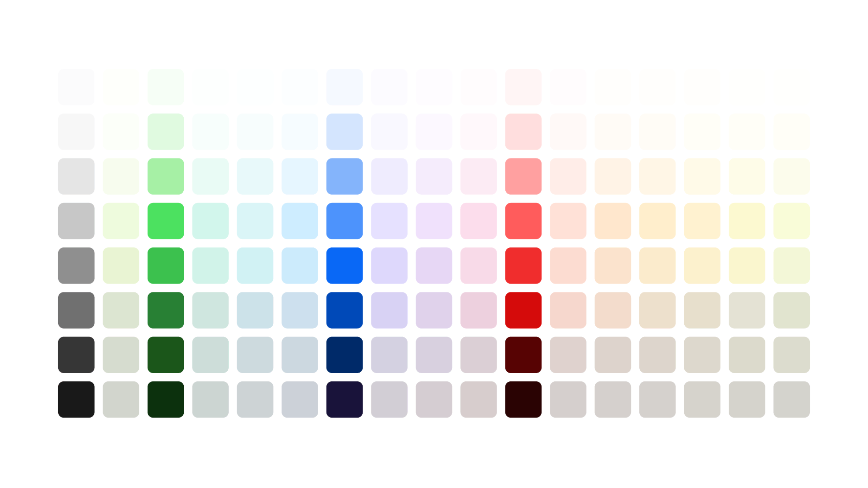 Subset of full color palette, only neutrals, greens, blues, and reds