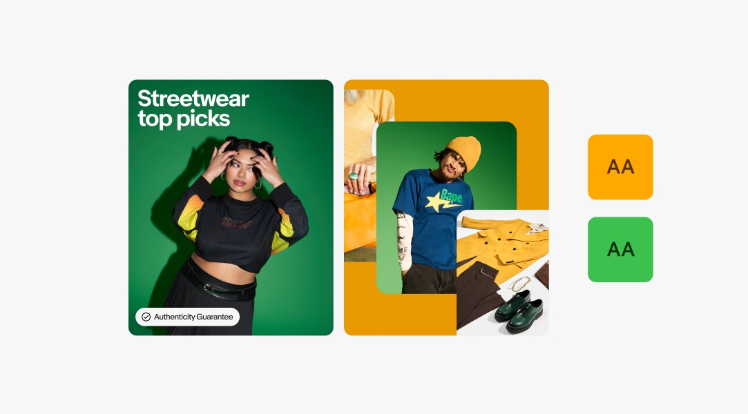 An example of Analogous color pairings shows two social posts with an orange and green pairing: The post on the left is a studio shot of a person posing in streetwear on top of a green background, with white text reading “Streetwear top picks”, and an Authenticity Guarantee program badge on the bottom left in a white pill. The post on the right showcases three studio images containing orange and green elements, on top of an orange background.