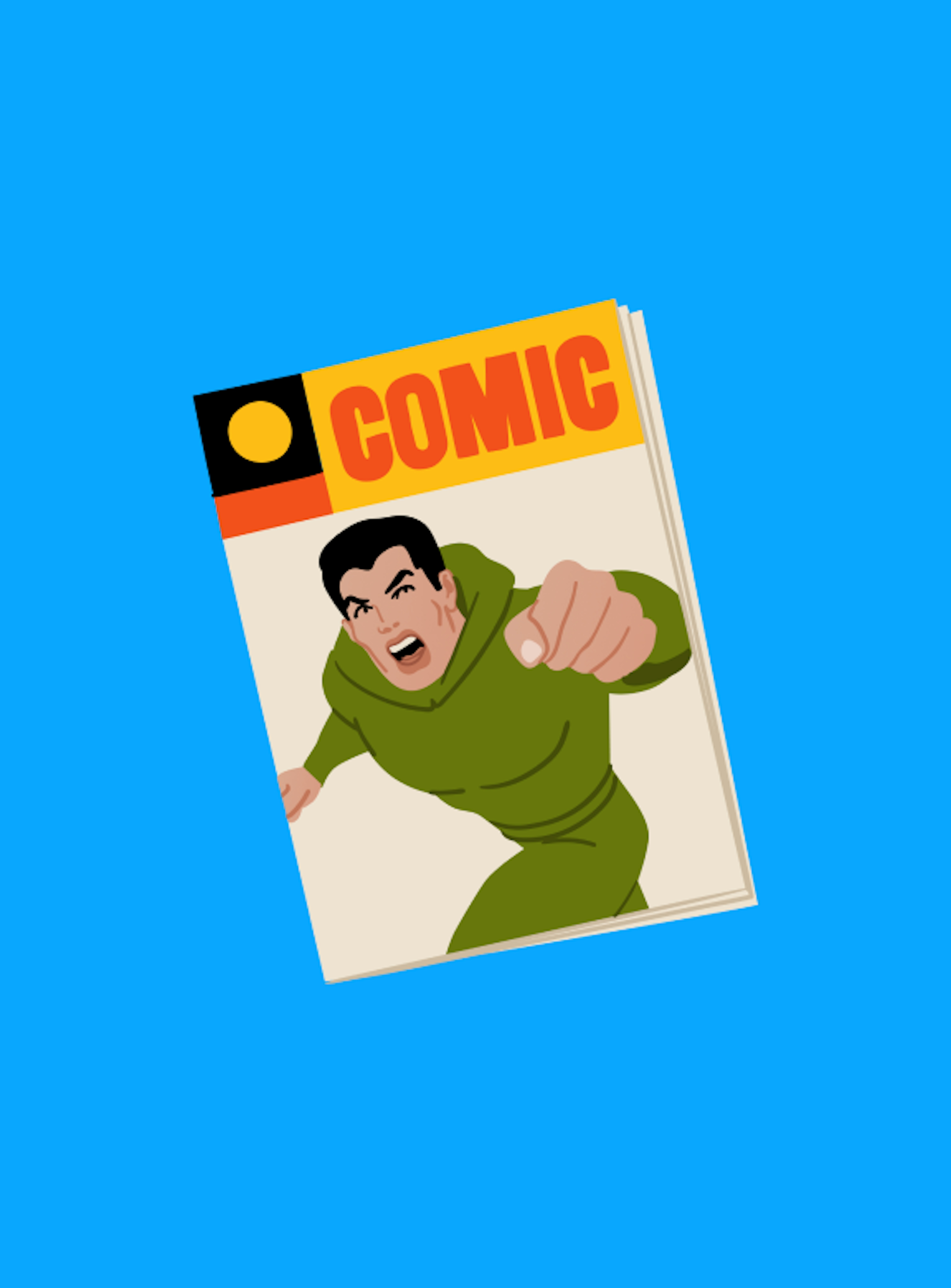 A comic book illustration on a blue background.