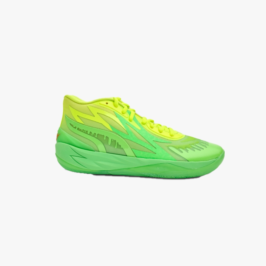 A neon green sneaker on top of a neutral grey background.