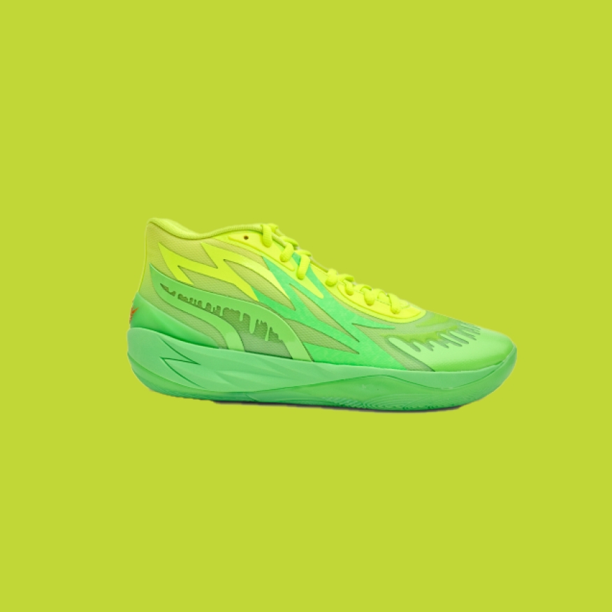 A neon green sneaker on top of a lime green background.