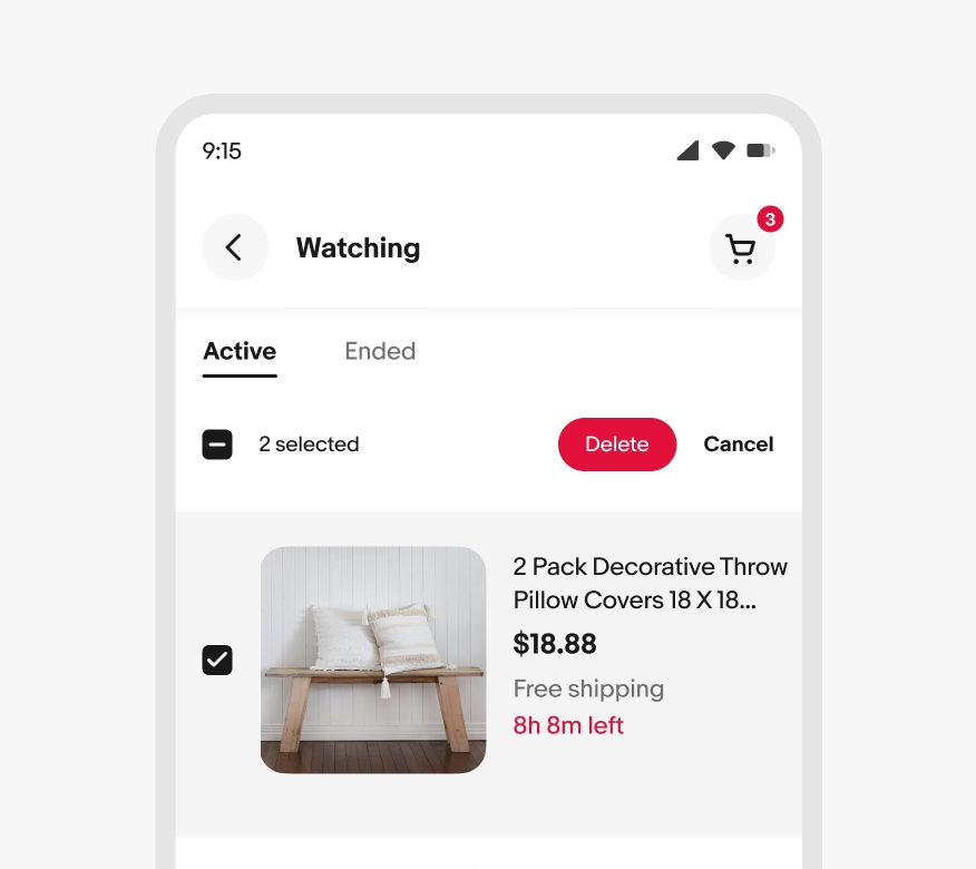 eBay mobile Watchlist screen, showing selected active watched items. Includes a red ‘Delete’ button, a red ‘8h 8m left’ timer on an active watched item, and a red notification count on the cart button.