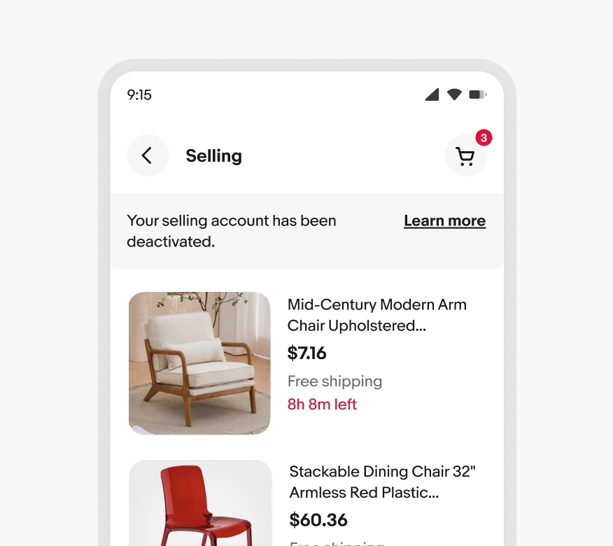 Light gray informational banner indicating your selling account has been deactivated
