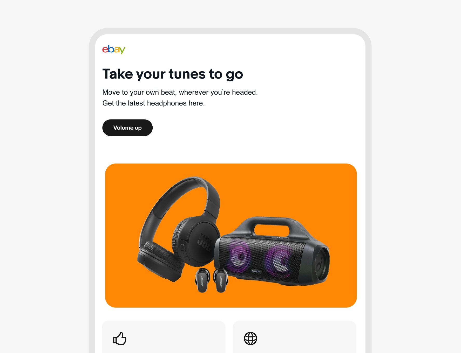 An eBay email layout with the hero image showcasing black headphones, black wireless earphones, and a black speaker placed on an orange background.