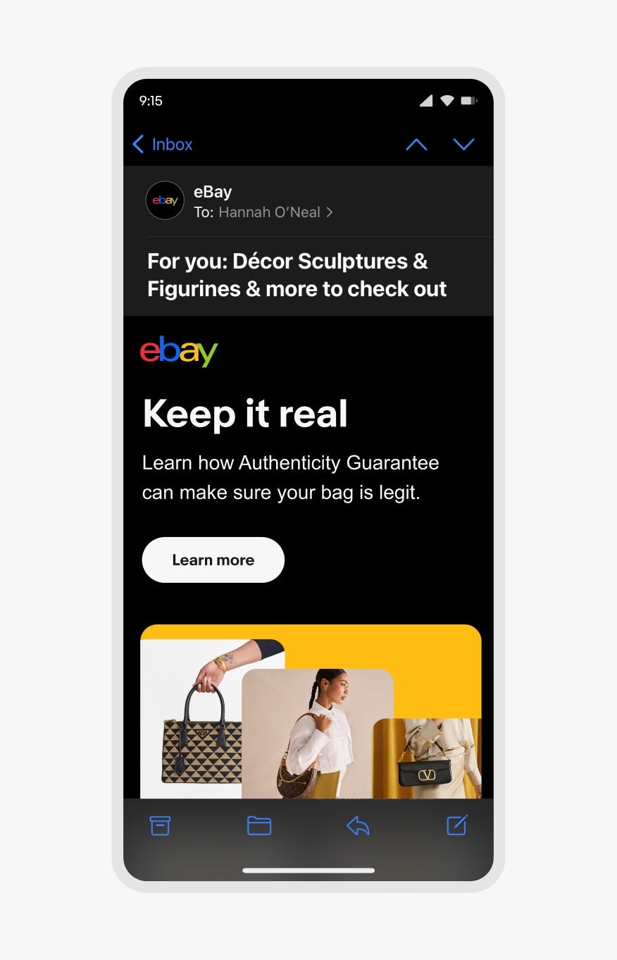 An eBay mobile email in dark mode, showcasing the 4-color eBay logo, neutral grey text, and a hero image with stacked handbag studio imagery on top of a yellow background.