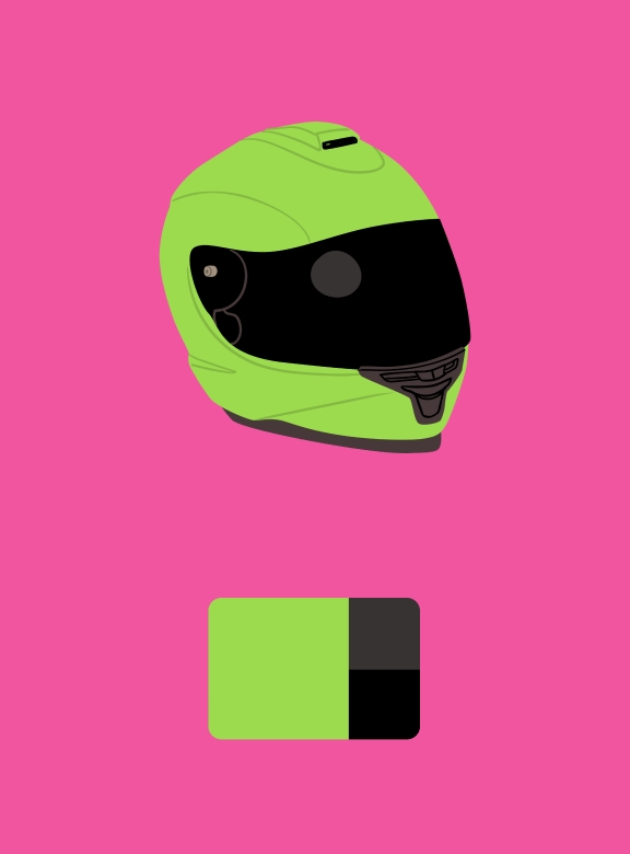 A green motorcycle helmet is illustrated against a pink background. The colors used in this illustration are highlighted in a tile below: Green, grey, and black.