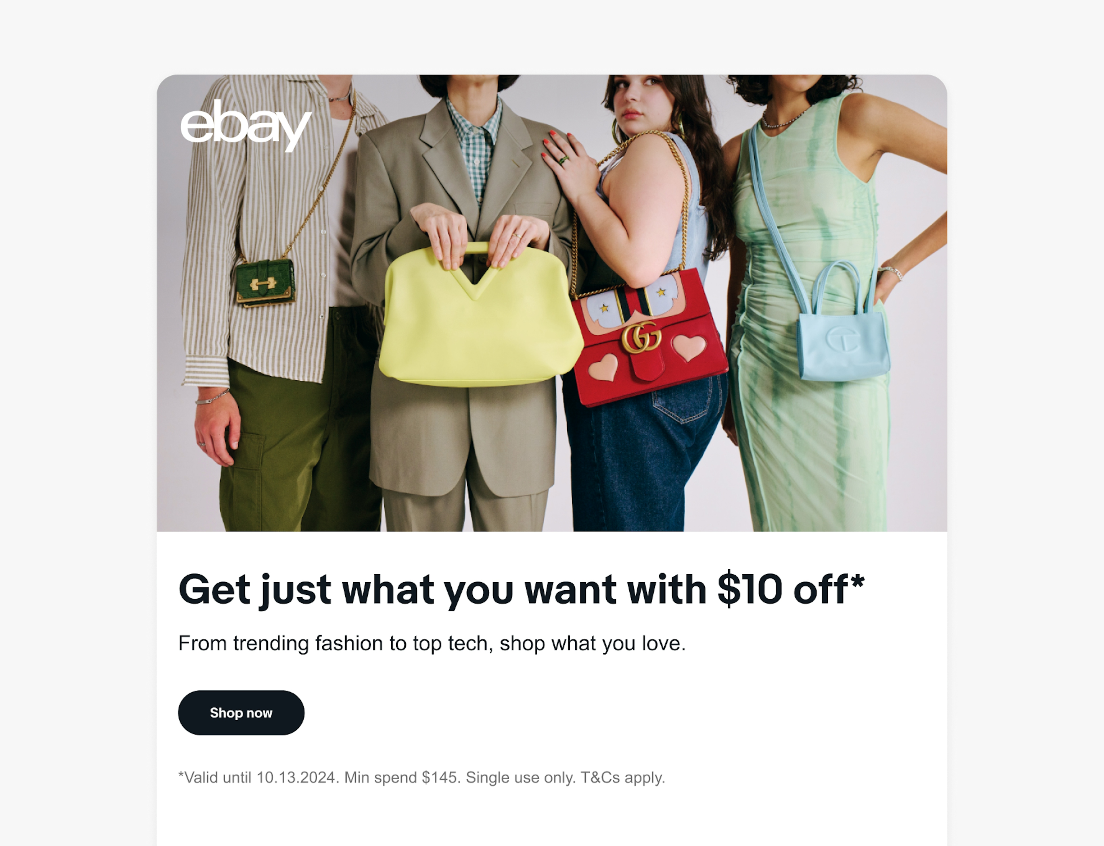 An email layout with a group of people holding a variety of colorful bags in the banner image. The eBay logo is in the upper left corner.