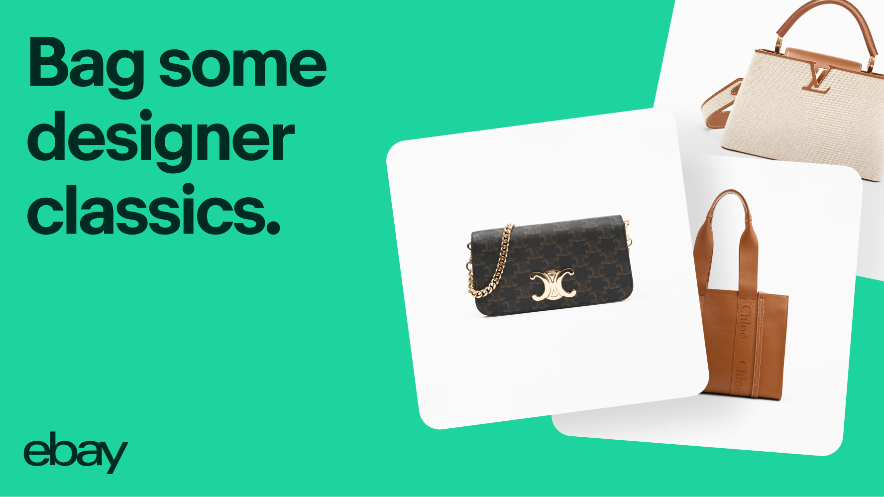 A vibrant jade-colored background with dark jade text and logo next to 3 stacked white squares with a variety of handbags inside. The logo is in the bottom left corner.