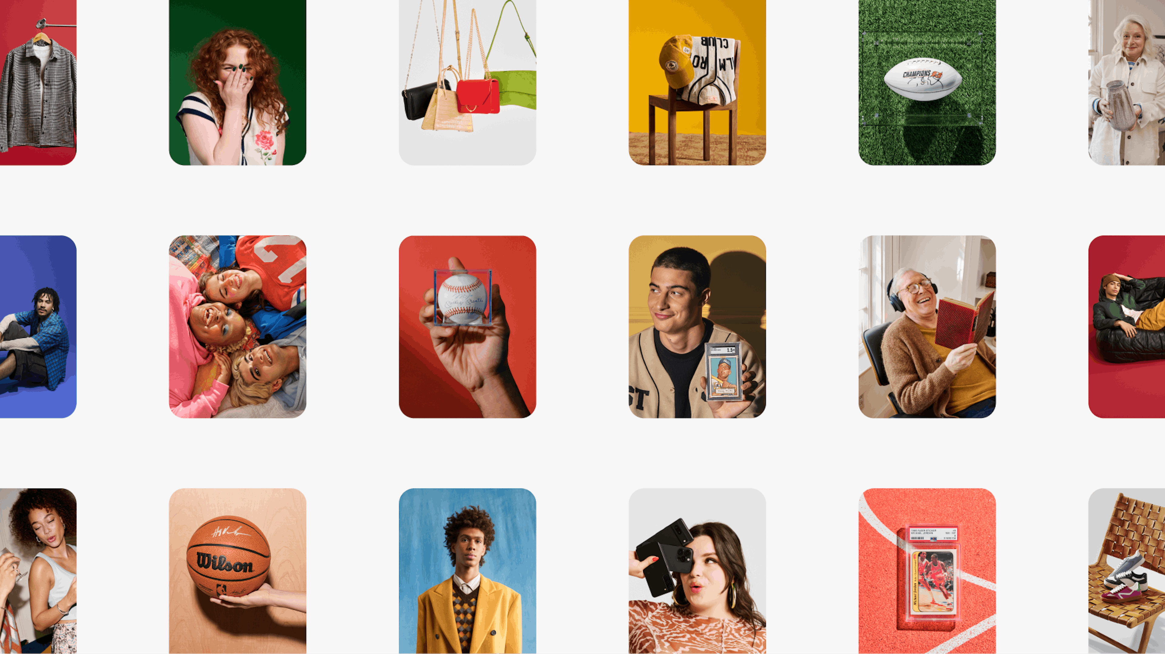 A grid of brand photos full of colorful backgrounds and studio shots featuring collectibles, jewelry, fashion, and sports items.