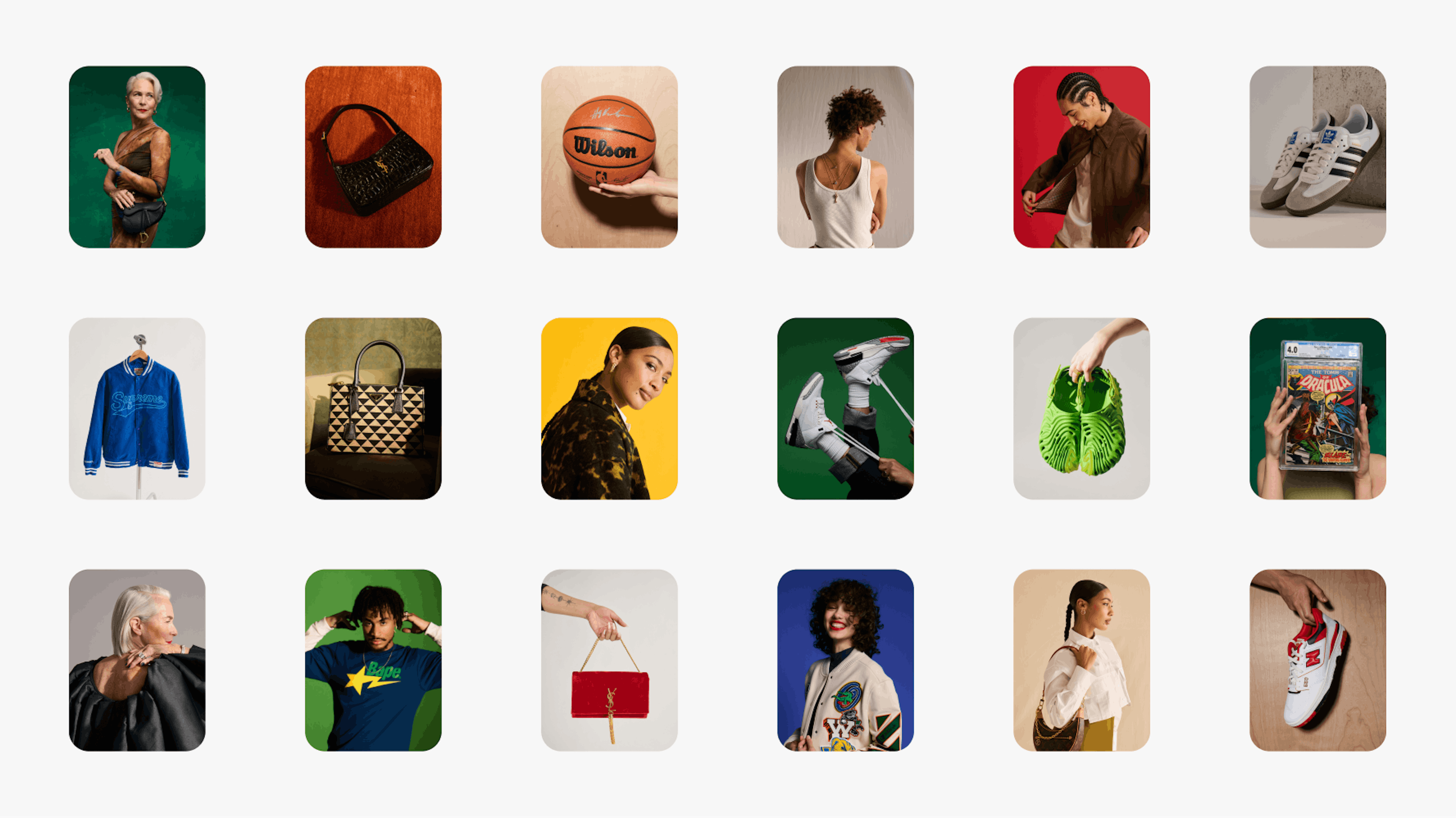 A grid of brand photos full of colorful backgrounds and studio shots featuring collectibles, jewelry, fashion, and sports items.