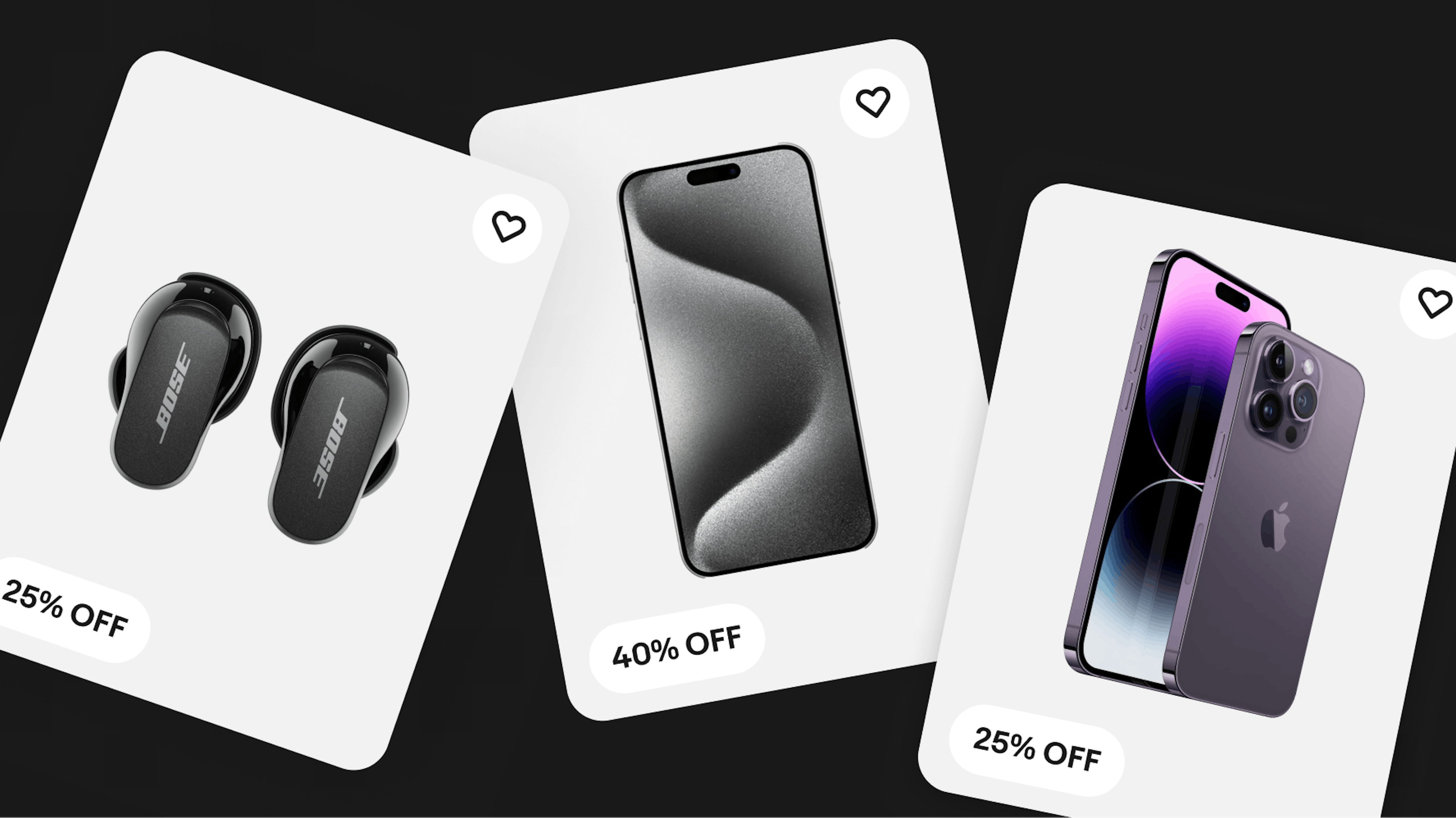 The image showcases three electronic products on sale: Bose earbuds at 25% off, a smartphone with a wavy pattern at 40% off, and an Apple iPhone at 25% off. Each product is displayed on a card with a heart icon, indicating a favorite or liked item.