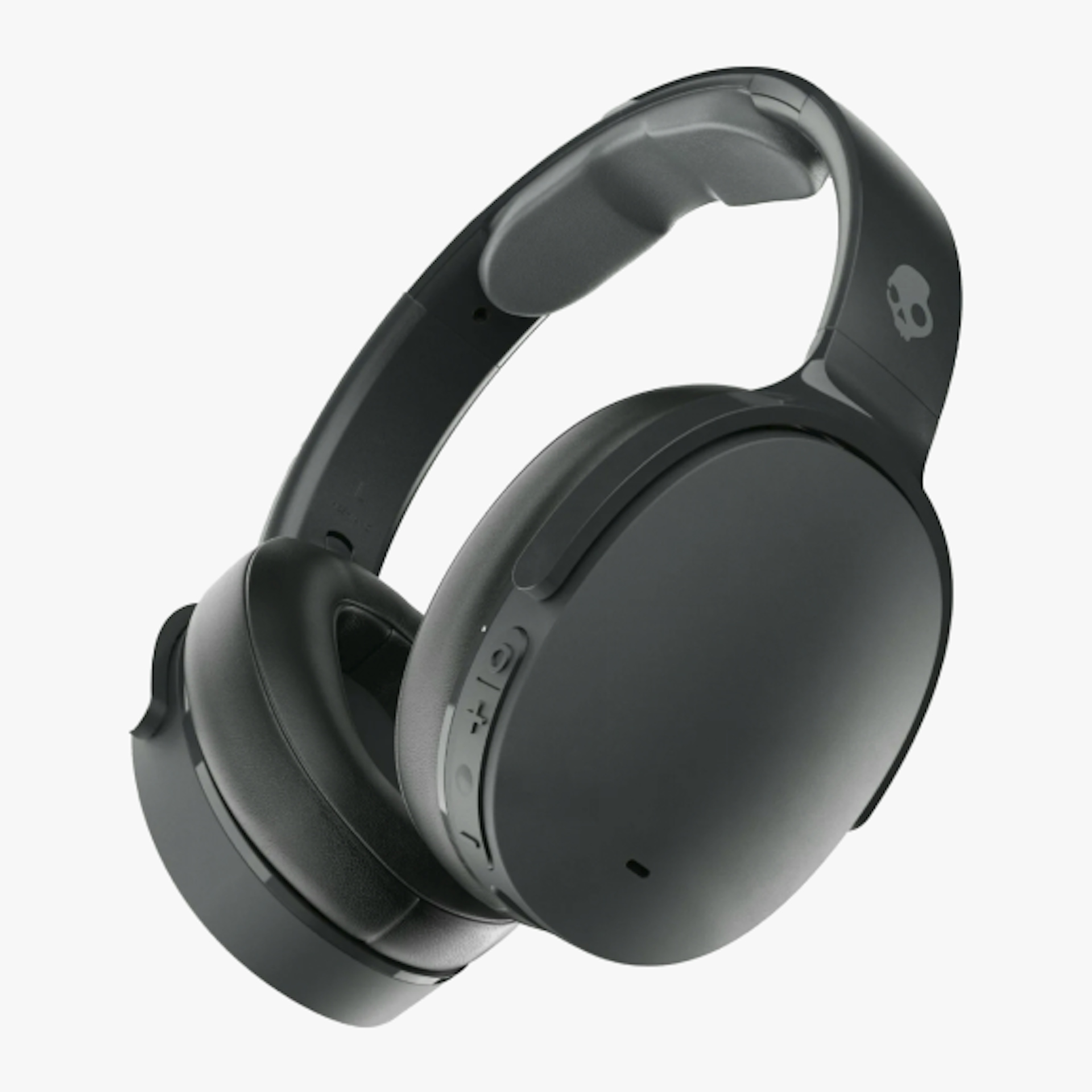 A pair of black Skullcandy over-ear headphones with a sleek design is shown. The headphones feature the Skullcandy logo on the ear cup and have buttons for controls on the side.