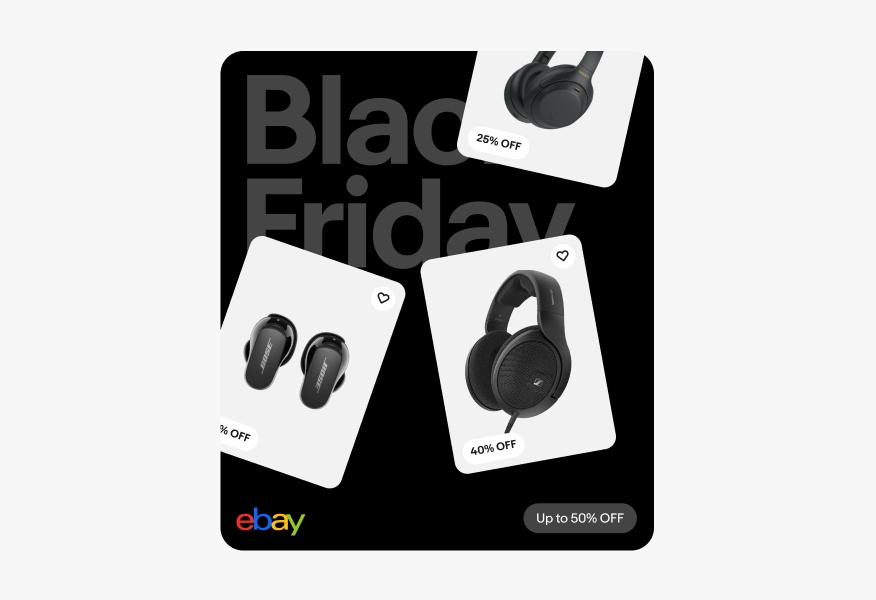 The image is an advertisement for Black Friday deals on eBay, showcasing three types of headphones. It features Bose earbuds at 25% off, Sony over-ear headphones at 25% off, and Sennheiser over-ear headphones at 40% off. The background is black with "Black Friday" text, and there is a note indicating discounts of up to 50% off.