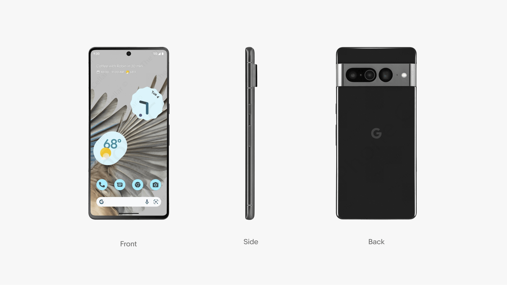 The image displays a smartphone from three angles: front, side, and back. The front view shows the screen with a weather widget and app icons. The side view highlights the phone's slim profile and buttons. The back view features the Google logo and a camera bar with multiple lenses.