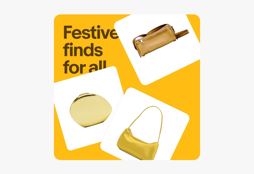 The image is an advertisement titled "Festive finds for all," featuring three gold-colored bags. One is a round clutch, another is a rectangular crossbody bag, and the third is a small shoulder bag. The background is yellow, emphasizing the festive theme.
