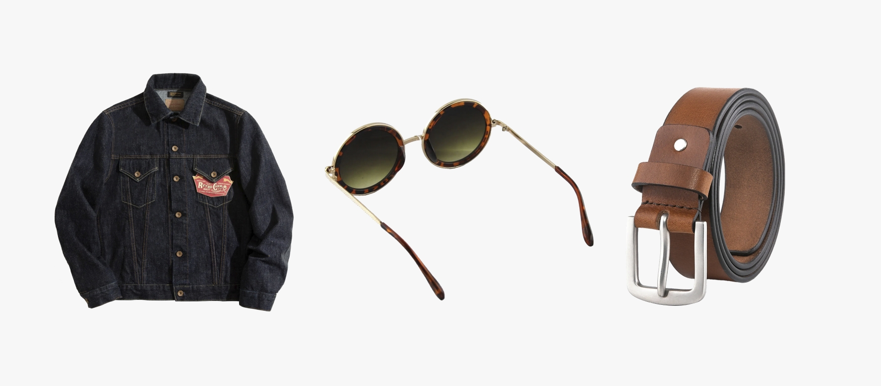 The image shows three fashion accessories: a dark denim jacket, round tortoiseshell sunglasses, and a brown leather belt with a silver buckle.