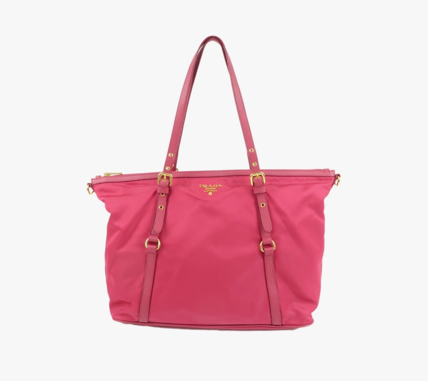 The image shows a pink Prada tote shot in good lighting.