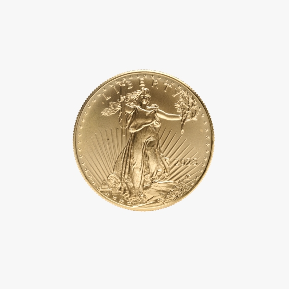 The image shows a gold coin without shadow behind it featuring the figure of Lady Liberty holding a torch and an olive branch, with the word "LIBERTY" and the year "2023" inscribed on it.