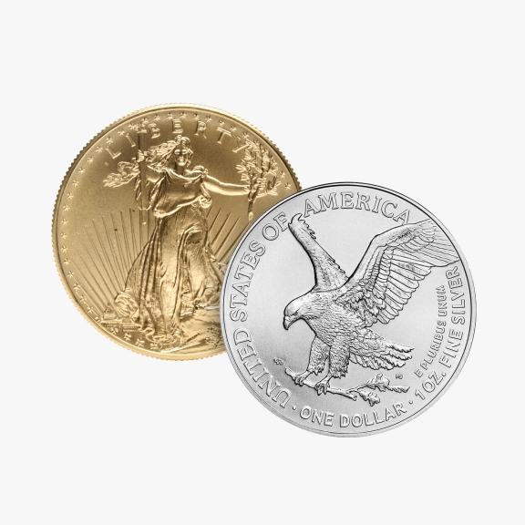 The image shows a gold coin featuring Lady Liberty and a silver coin with an eagle design. The gold coin has "LIBERTY" inscribed, while the silver coin is labeled "UNITED STATES OF AMERICA" and "ONE DOLLAR" with "1 OZ. FINE SILVER."
