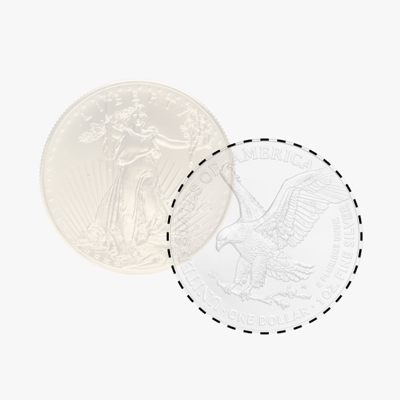The image shows a gold coin partially overlapped by a silver coin that is outlined with a dotted line. The gold coin features a figure of Liberty, and the silver coin depicts an eagle.
