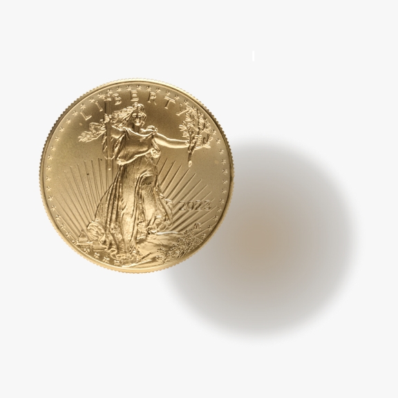The image shows a gold coin featuring the figure of Liberty, with 2023 inscribed on it and next to it, a soft shadow illustrating the type of shadow needed for contact shadow effect.
