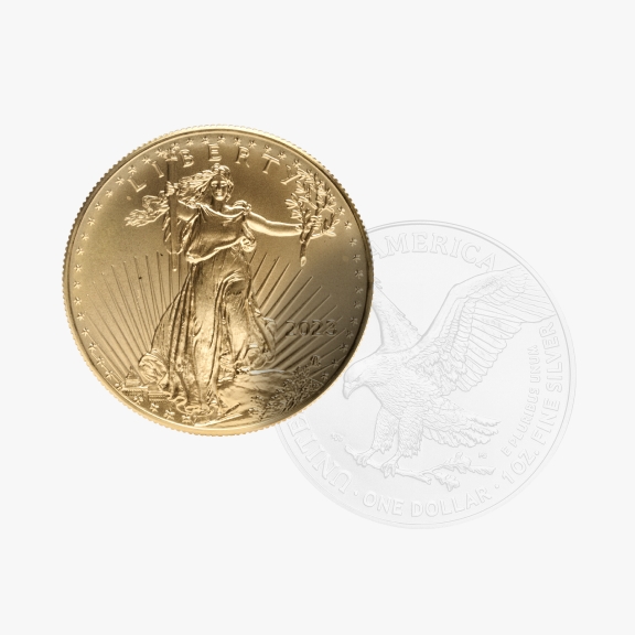 The image shows a gold coin featuring the figure of Liberty with the year 2023 inscribed, partially overlapping a silver coin that has an eagle design.