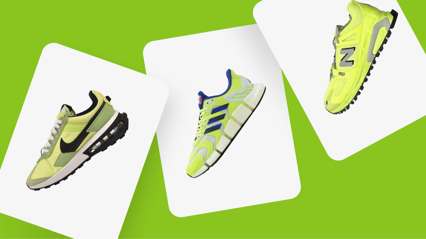 The image shows three different pairs of neon yellow sneakers from Nike, Adidas, and New Balance displayed on a lime green background. Each shoe is positioned on a white card, highlighting their vibrant colors and unique designs.