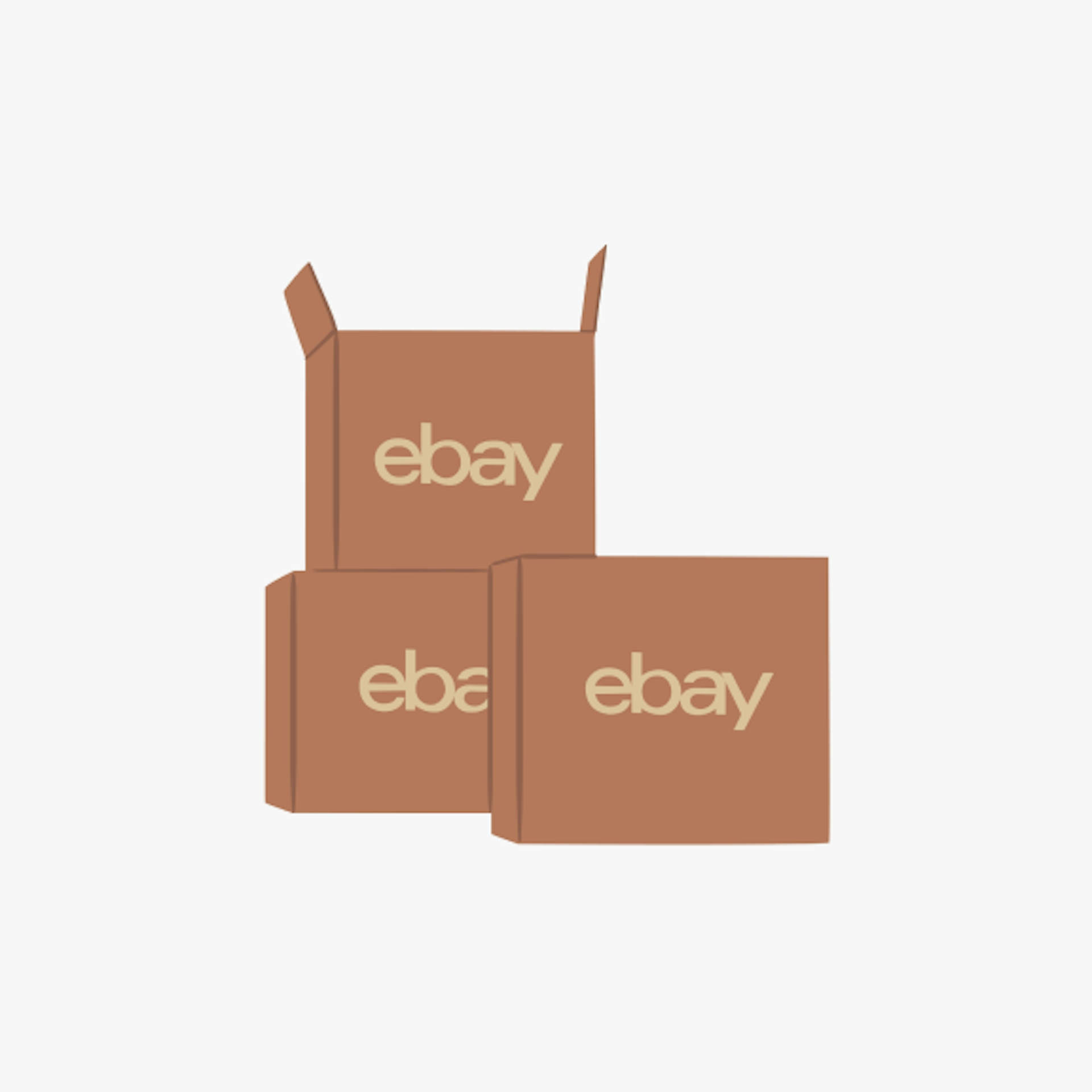 Three brown cardboard boxes with the eBay logo are stacked together. One box is open at the top.