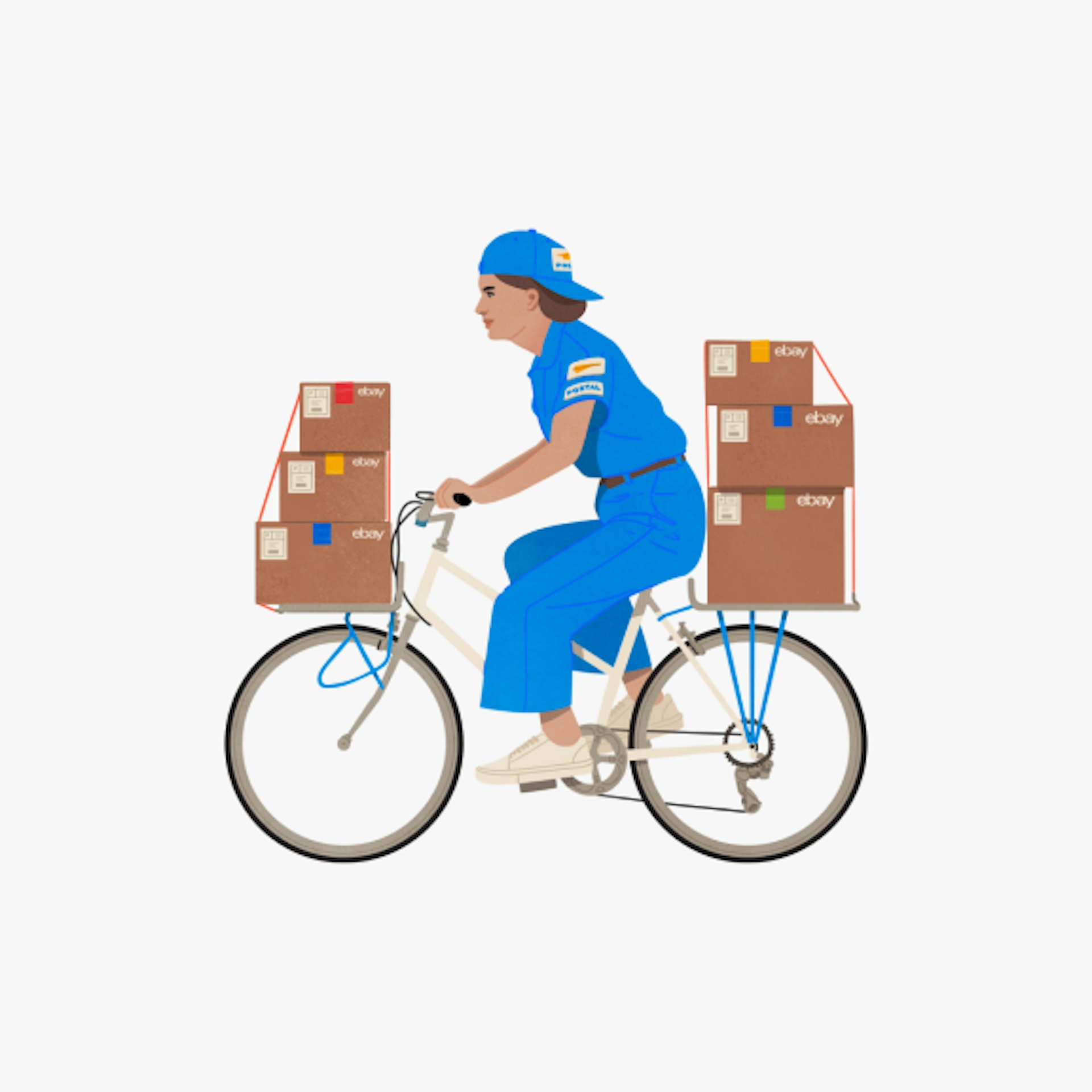 A postal worker in a blue uniform and cap is riding a bicycle, carrying several eBay-branded packages secured with red straps on both the front and rear of the bike.