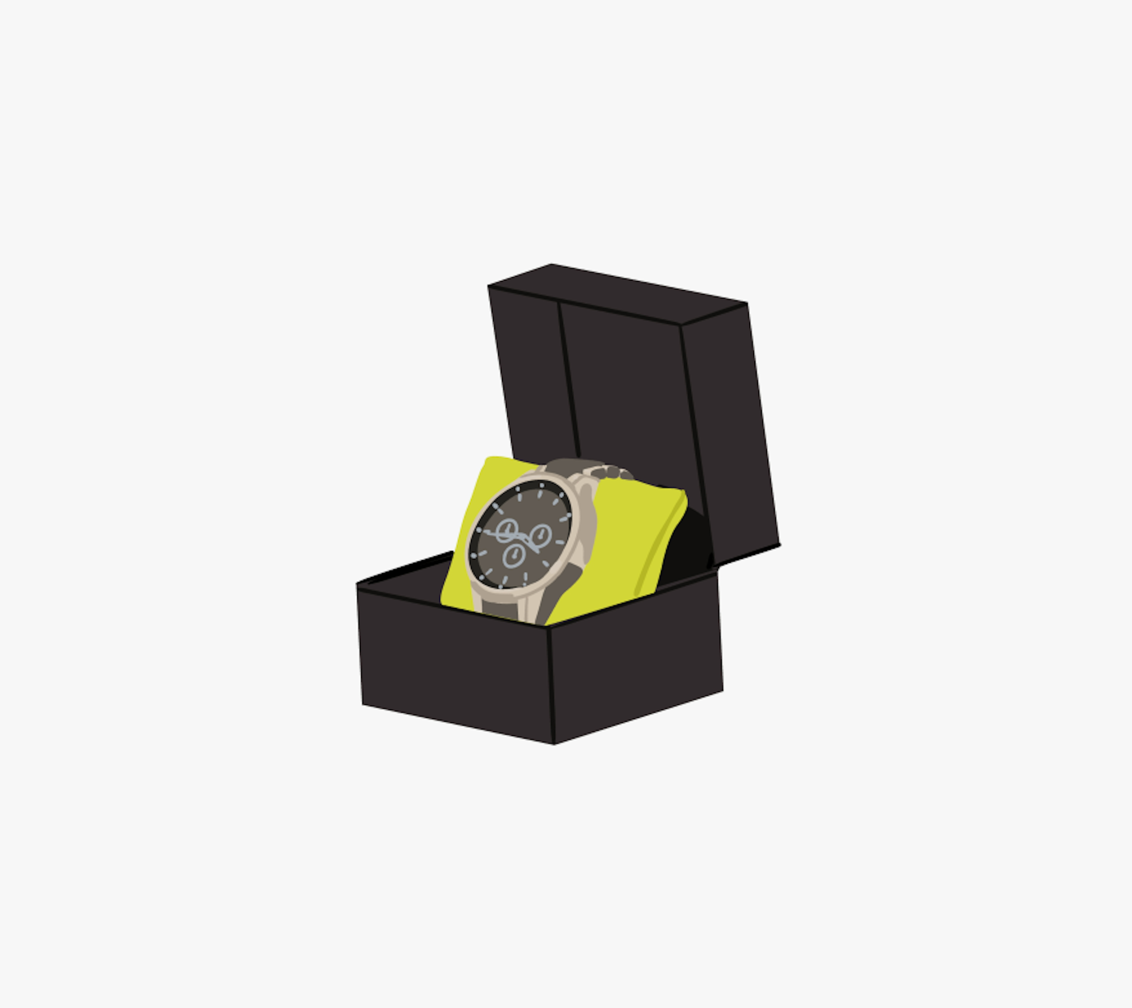 A wristwatch with a dark face and metal band is displayed on a yellow cushion inside an open black box.