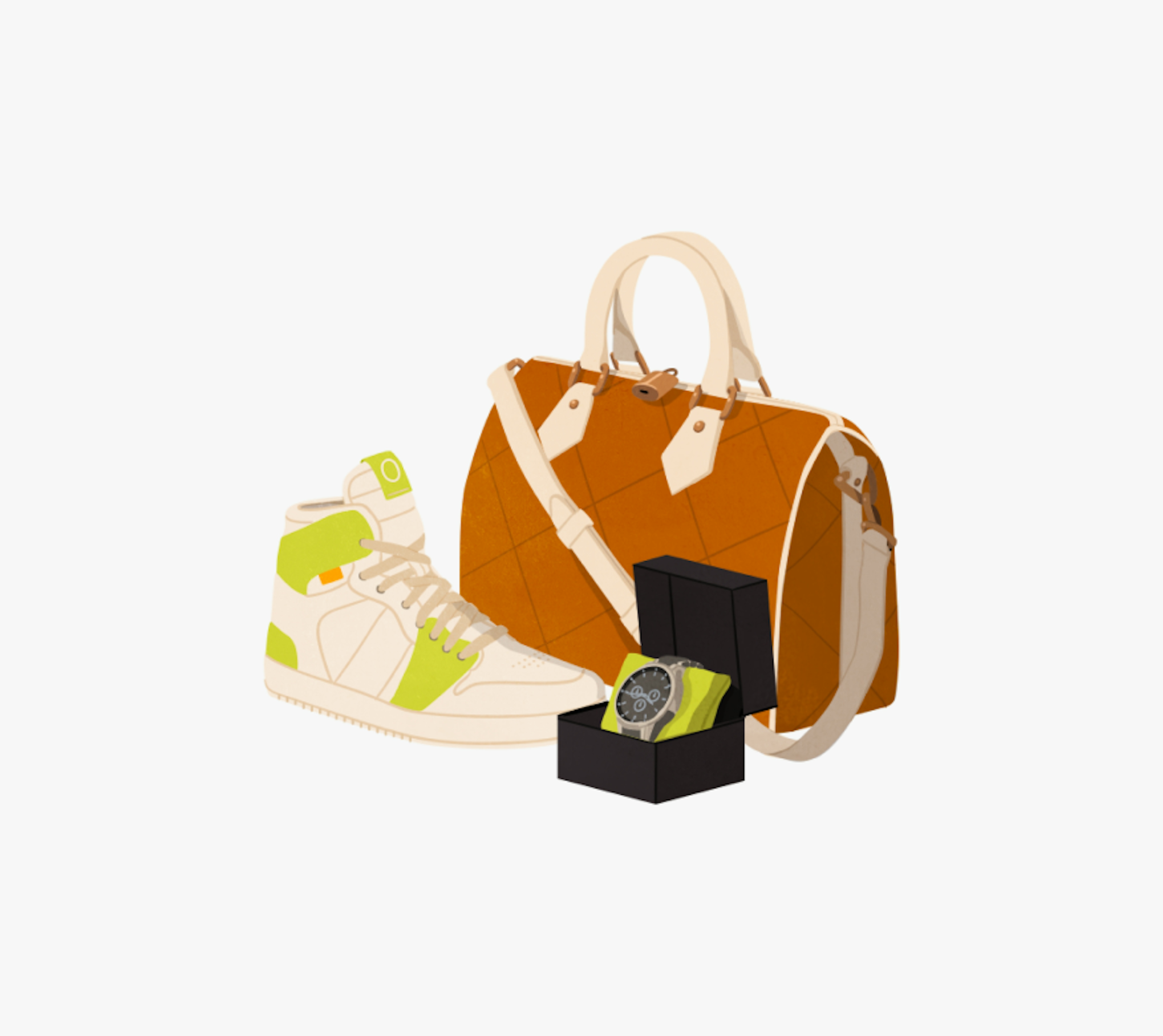 A brown handbag with white straps, a white and lime green high-top sneaker, and a wristwatch with a dark face displayed in an open black box are arranged together.