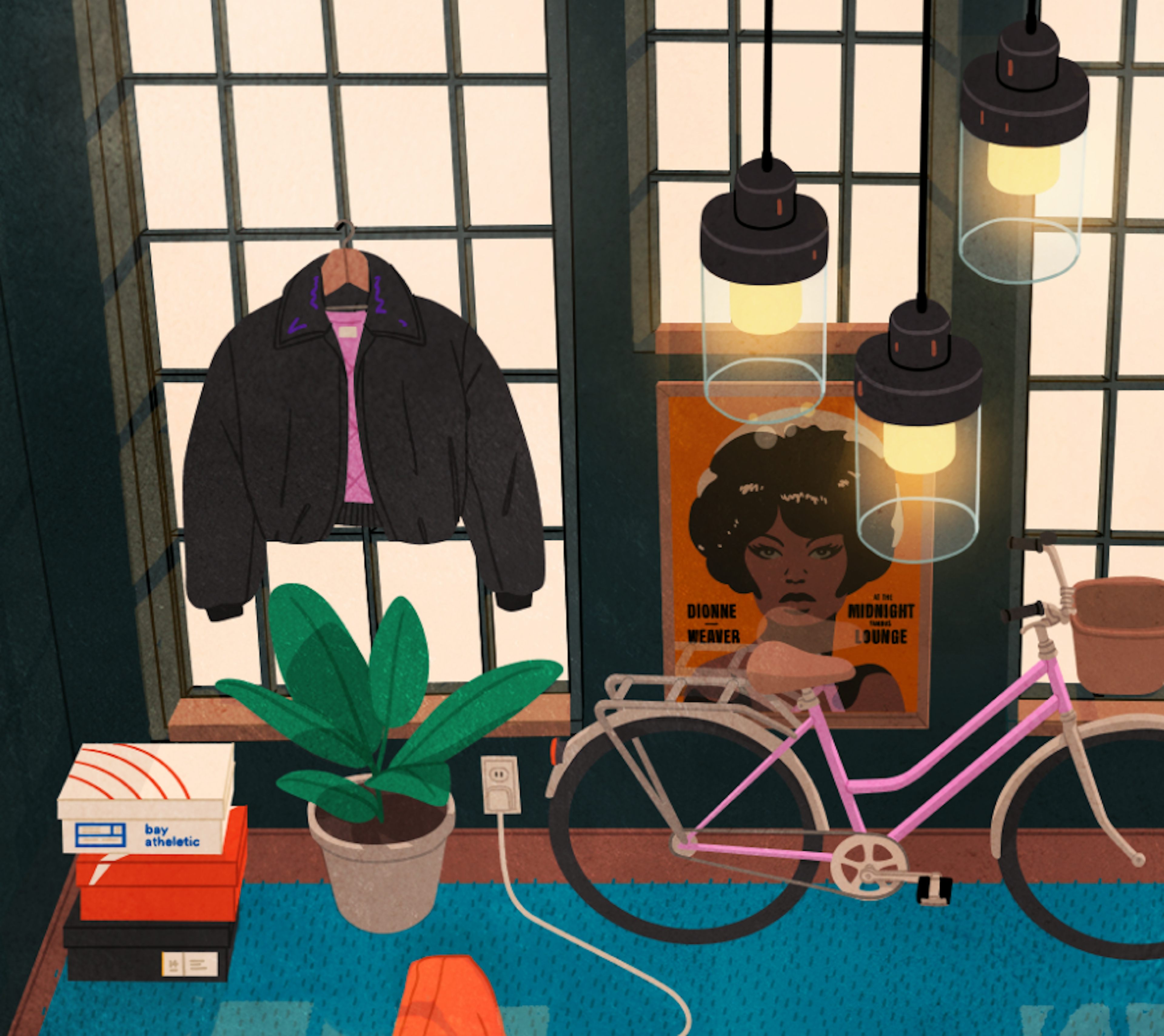 A black jacket is hanging on a window frame. Below it is a potted plant next to several stacked shoe boxes. Nearby, there is a pink bicycle leaning against the wall. Two pendant lights hang from the ceiling, and a poster featuring a woman’s portrait is on the wall.