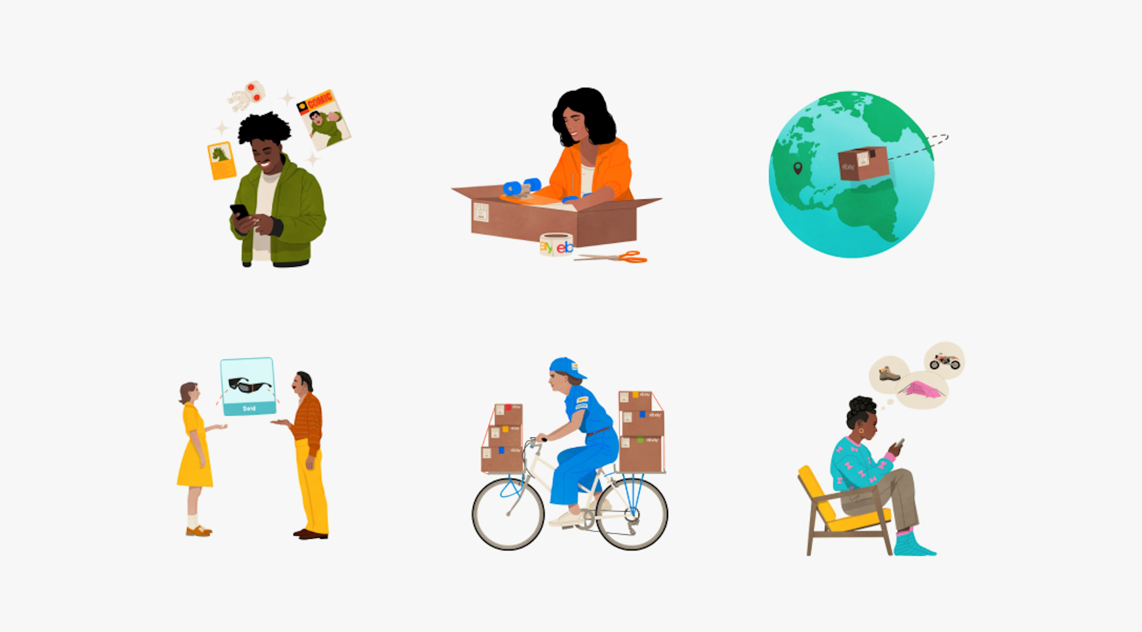 6 distinct illustrations highlighting buying and selling:
A person happily looking at their phone with various collectible items floating around them.
A person packing a box with eBay branding and tape.
A globe with a package traveling from the US to another location.
Two people exchanging a pair of sunglasses, indicating a sale.
A delivery person on a bicycle with packages marked "eBay."
A person sitting and browsing items on their phone, thinking about shoes, a bike, and a tent.