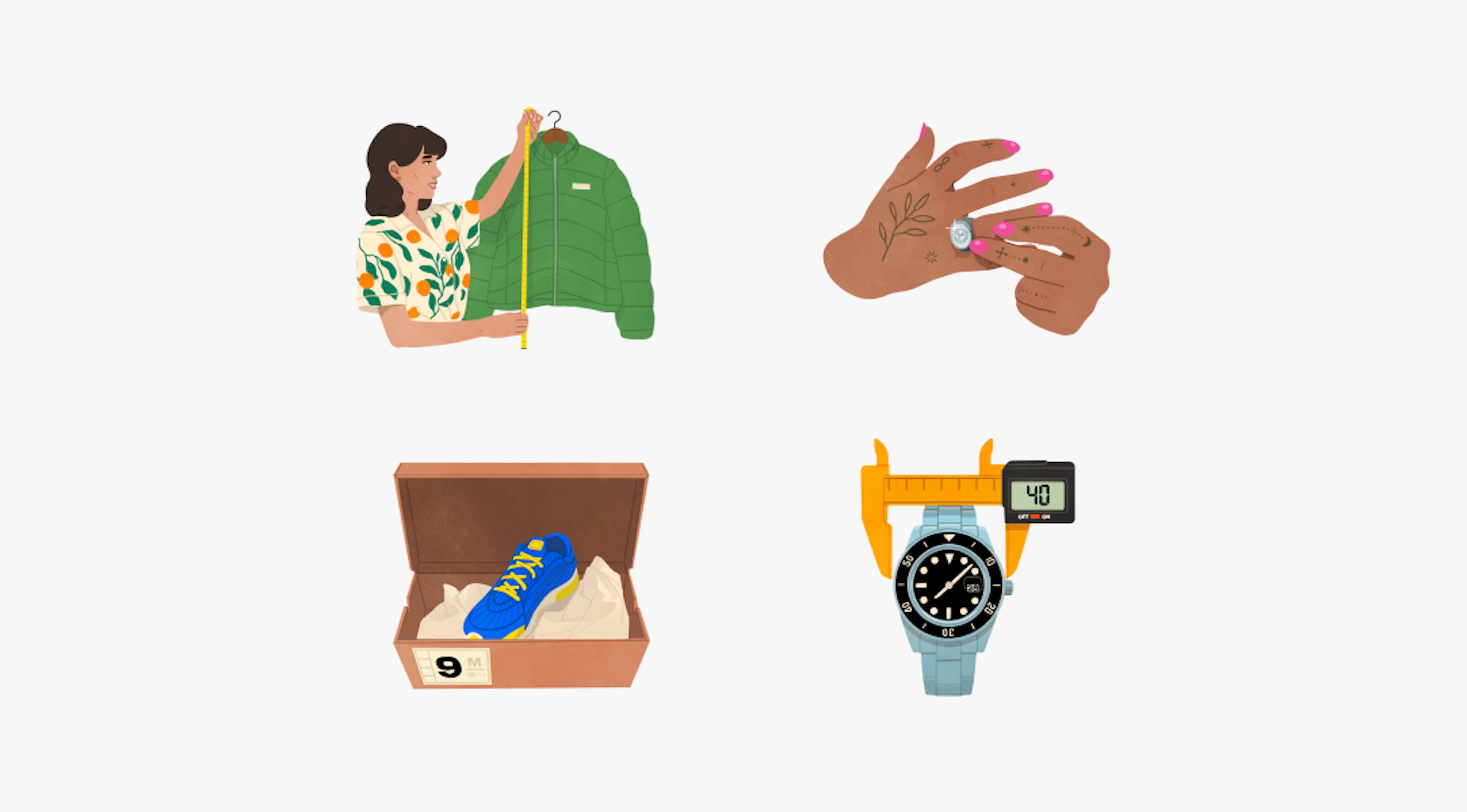 4 distinct illustrations highlighting personalization:
A woman in a patterned shirt is measuring a green jacket with a yellow tape measure.
A pair of hands with tattoos and pink nail polish is holding a ring.
A blue and yellow sneaker is displayed in an open shoebox labeled "9 M."
A silver wristwatch is being measured with digital calipers, displaying "40" on the screen.