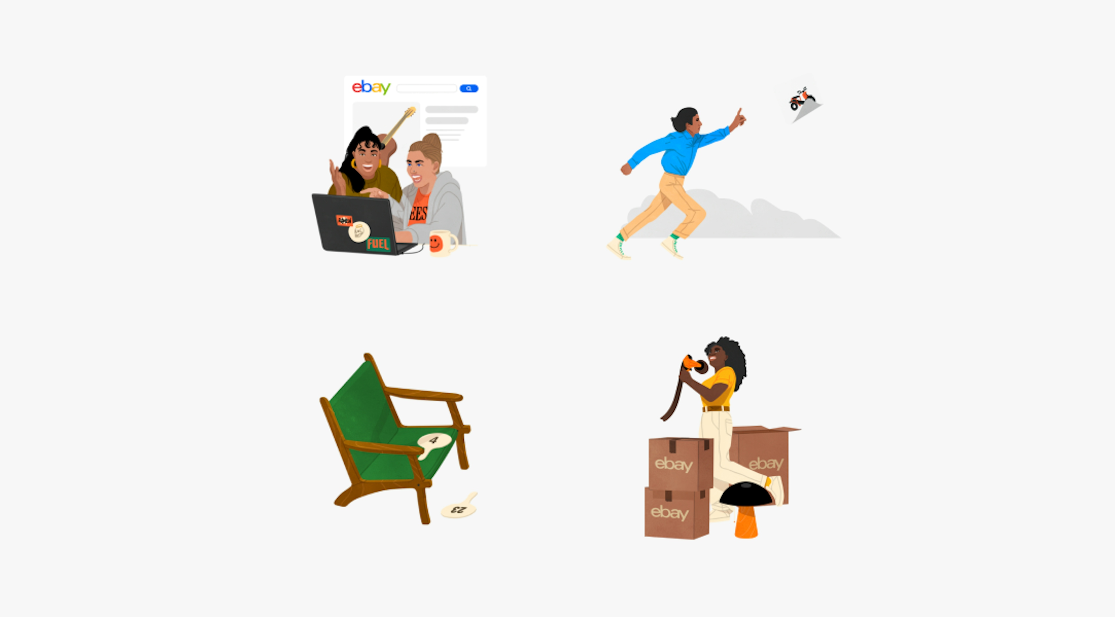 4 distinct illustrations highlighting bidding & celebration:
Two people are sitting at a laptop with eBay on the screen, smiling and drinking from a mug.
A person in a blue jacket is running and pointing at a small motorcycle on a piece of paper in the sky.
A green chair with a table tennis paddle and ball placed on it.
A person is unboxing items from eBay-branded boxes, holding up an orange and black item tape dispenser.