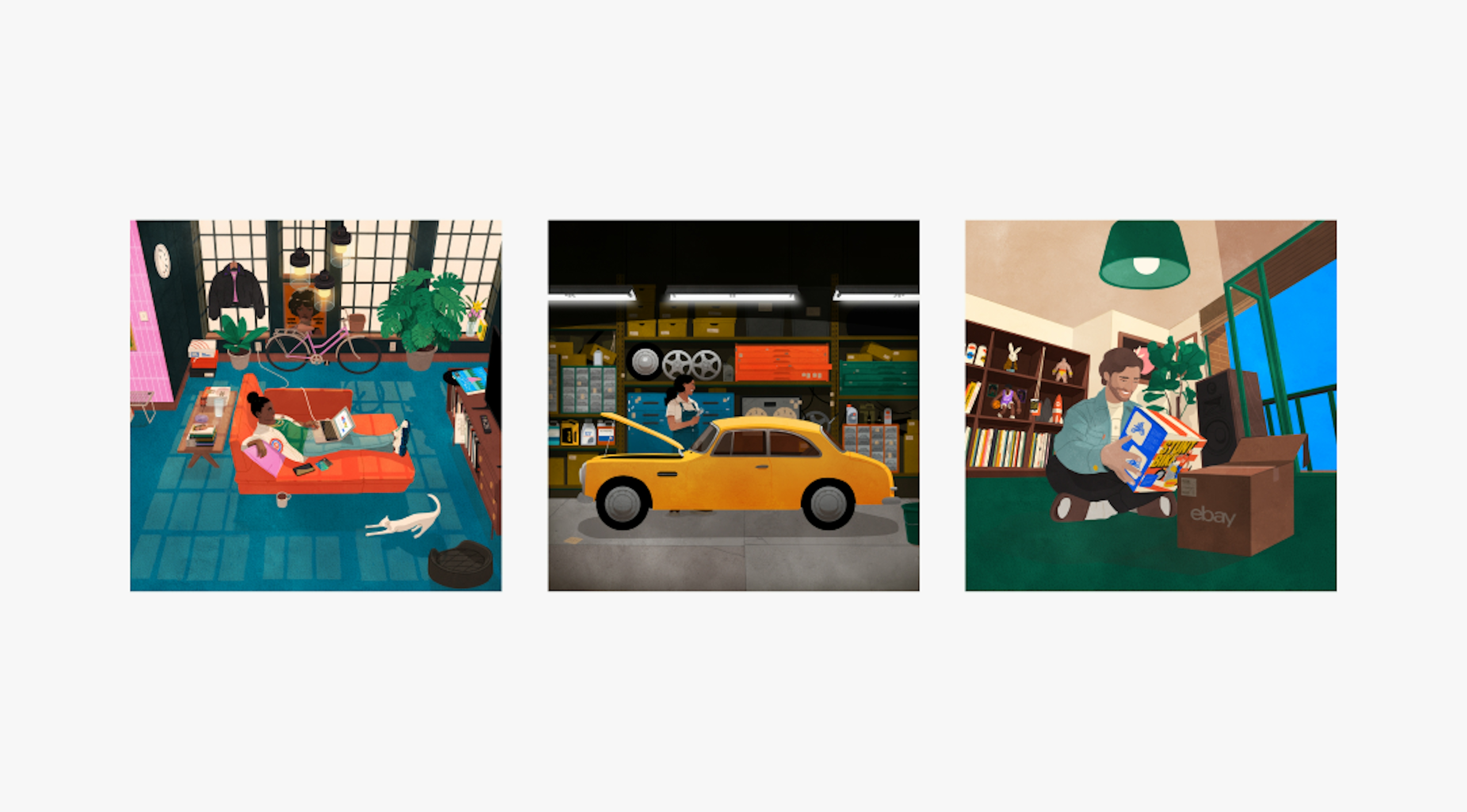3 distinct illustrations highlighting scenes:
A person lies on an orange sofa with a laptop displaying eBay. The room includes a bicycle, plants, a white cat, and various items like books, a coffee table, and a poster on the wall.
A person is working on a yellow car in a garage filled with shelves of auto parts and tools.
A person sitting on the floor is opening an eBay box and holding a "Stunt Bike" toy set. The room has bookshelves, toys, plants, and large windows.