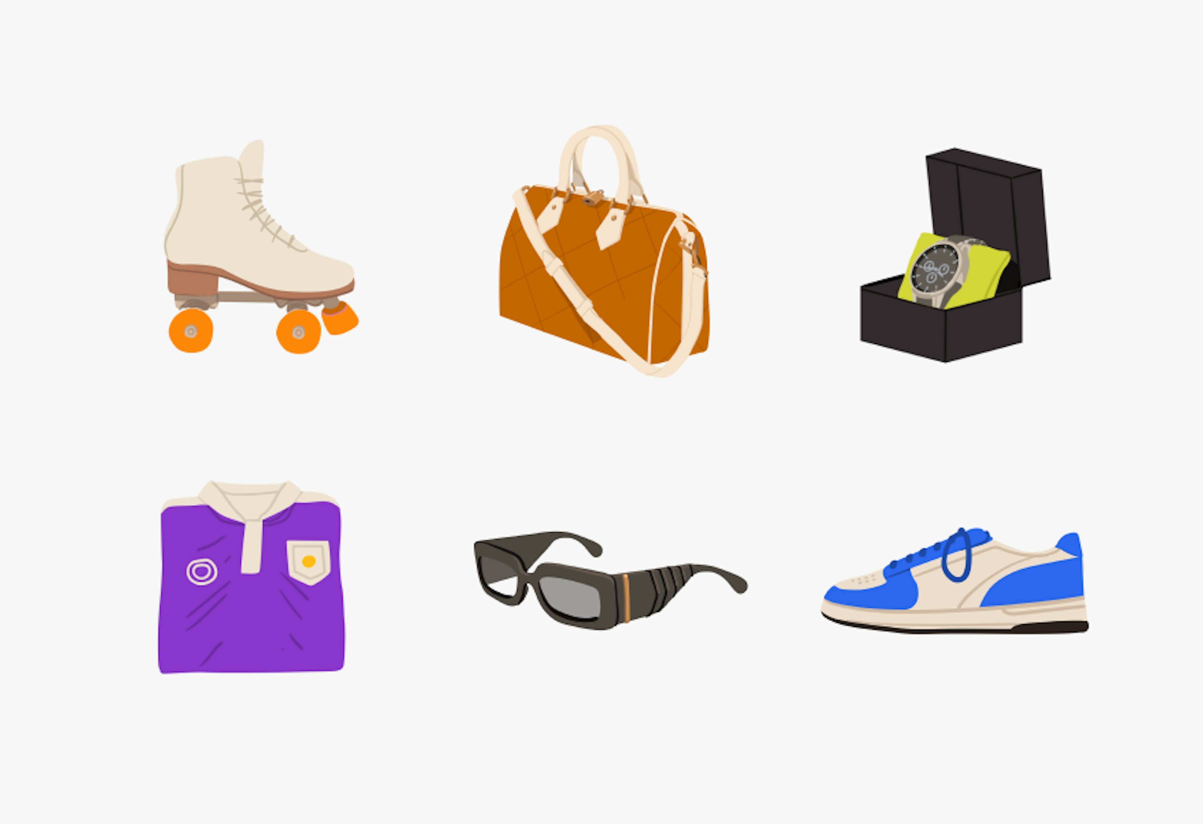 6 distinct illustrations highlighting the fashion category:
A white roller skate with orange wheels.
A brown handbag with white straps.
A wristwatch with a dark face in an open black box with a lime green cushion.
A purple sports jersey with a white collar and pocket.
A pair of black sunglasses.
A white and blue sneaker.