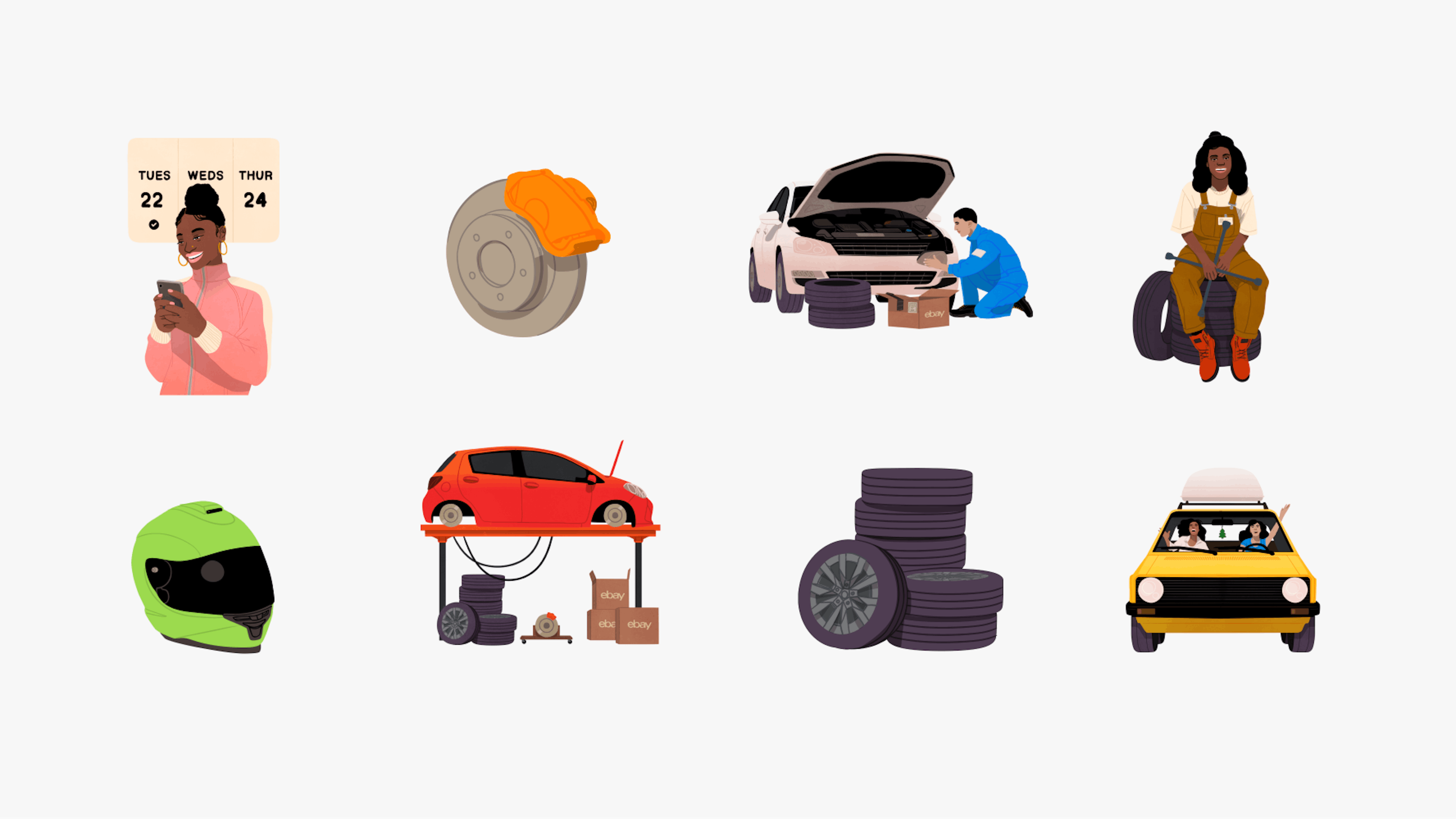 8 distinct illustrations highlighting the motors category:
A woman in a pink sweater is looking at her phone next to a calendar showing Tuesday the 22nd, Wednesday the 23rd, and Thursday the 24th.
A brake disc and caliper.
A person in a blue jumpsuit is working under the hood of a white car, with tires and an eBay box nearby.
A woman in overalls and red boots is sitting on a stack of tires, holding a wrench.
A green motorcycle helmet.
A red car is elevated on a lift in a garage with tires, a brake disc, and eBay boxes below.
A stack of tires with one tire lying flat in front.
Two people are in a yellow car, one driving and the other celebrating.