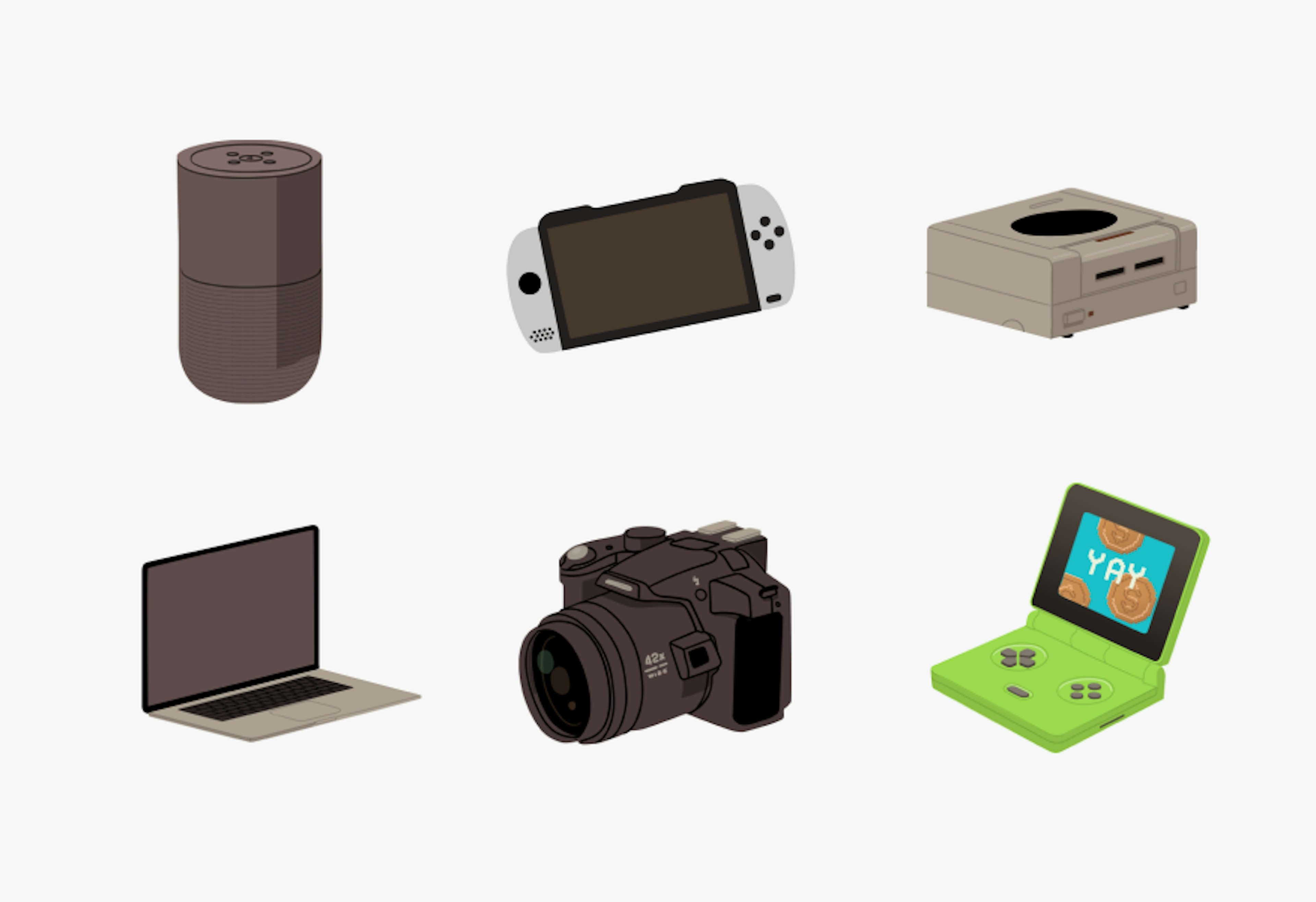 6 distinct illustrations highlighting the electronics category:
A smart speaker.
A handheld gaming console.
A retro gaming console.
A laptop.
A digital camera.
A green handheld gaming device with a screen displaying "YAY" and pixelated coins.