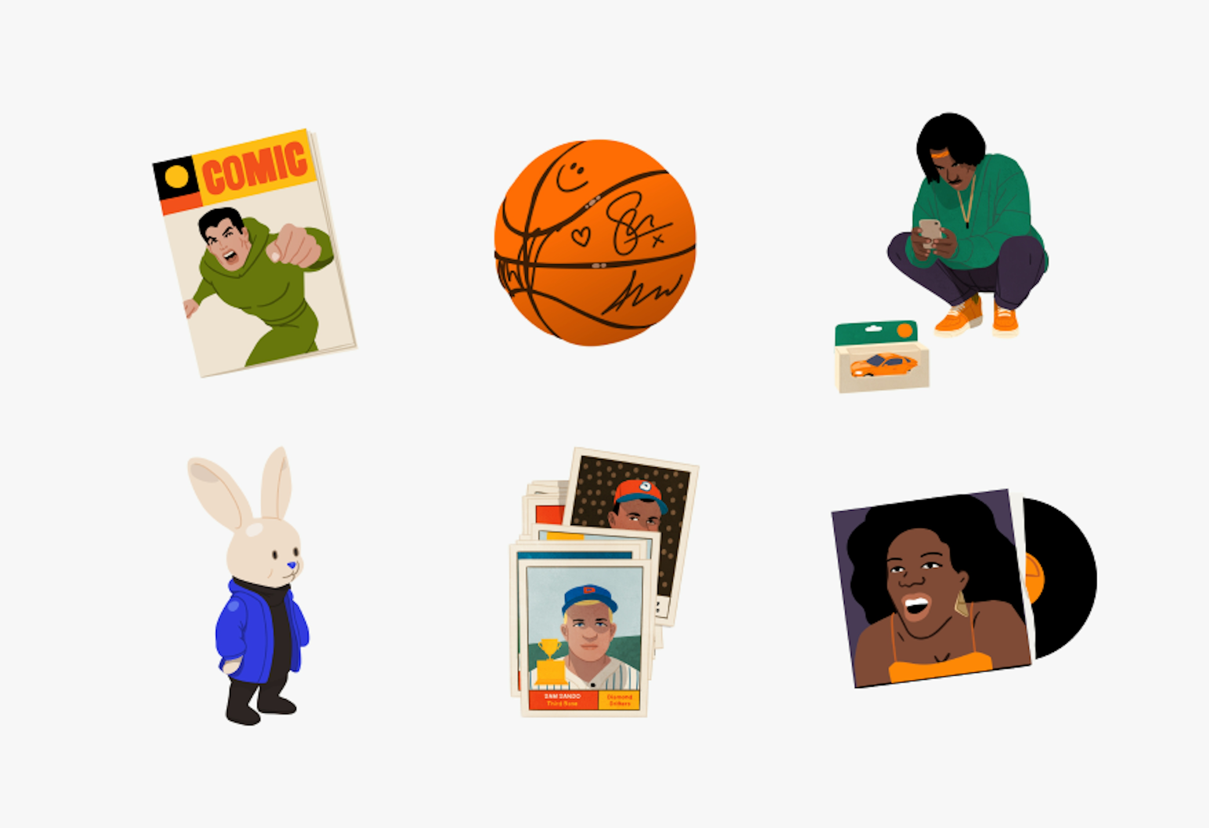 6 distinct illustrations highlighting the collectibles category:
A comic book with a superhero on the cover.
A signed basketball with various doodles.
A person crouching taking a photo with their phone of a toy car in a box nearby.
A toy rabbit wearing a blue coat and scarf.
A stack of baseball cards.
A vinyl record with an album cover featuring a singing woman.