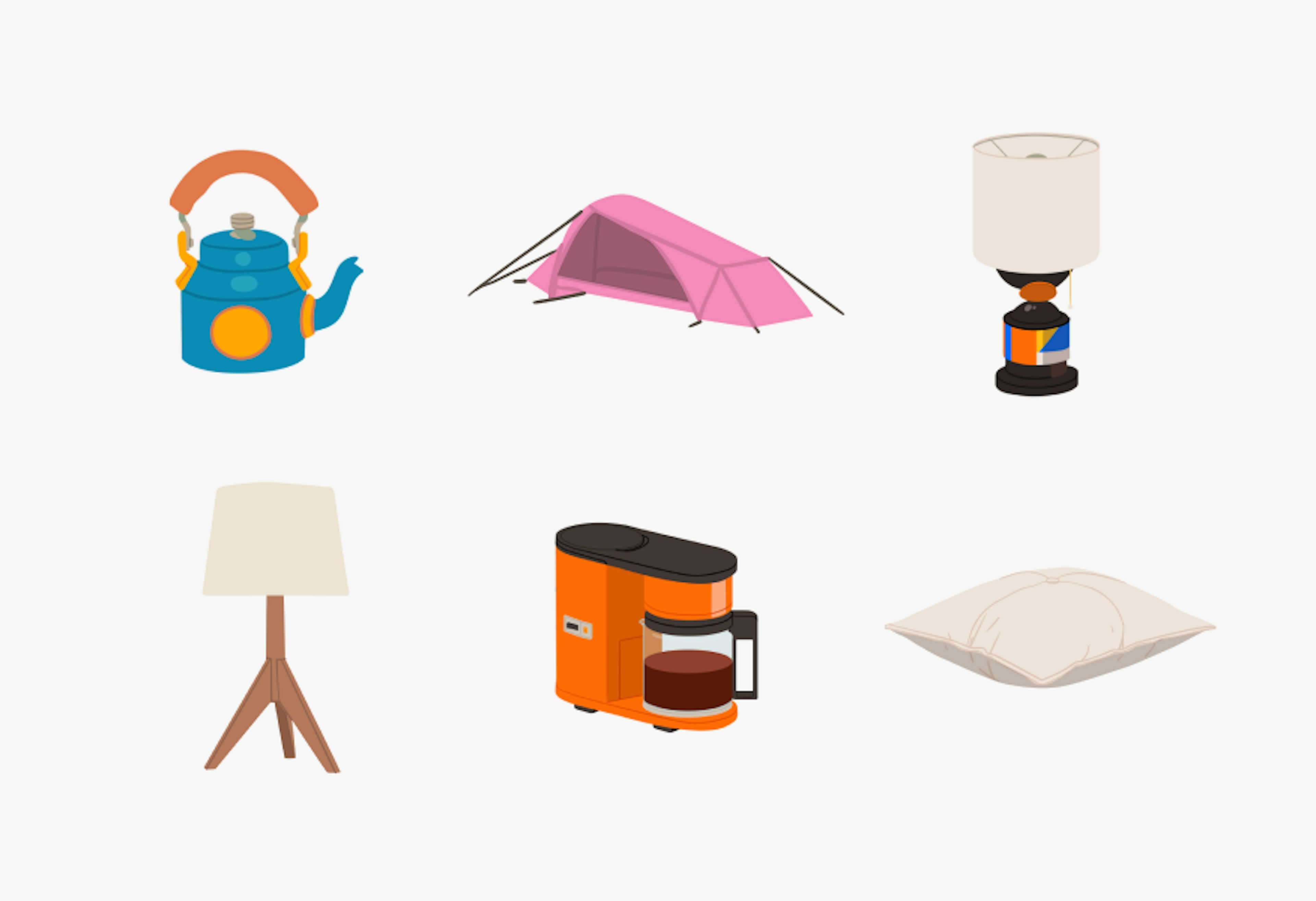 6 distinct illustrations highlighting the home category:
A blue and orange kettle.
A pink tent.
A table lamp with a white shade and a colorful base.
A floor lamp with a white shade and wooden tripod legs.
An orange and black coffee maker with a glass carafe.
A white pillow.