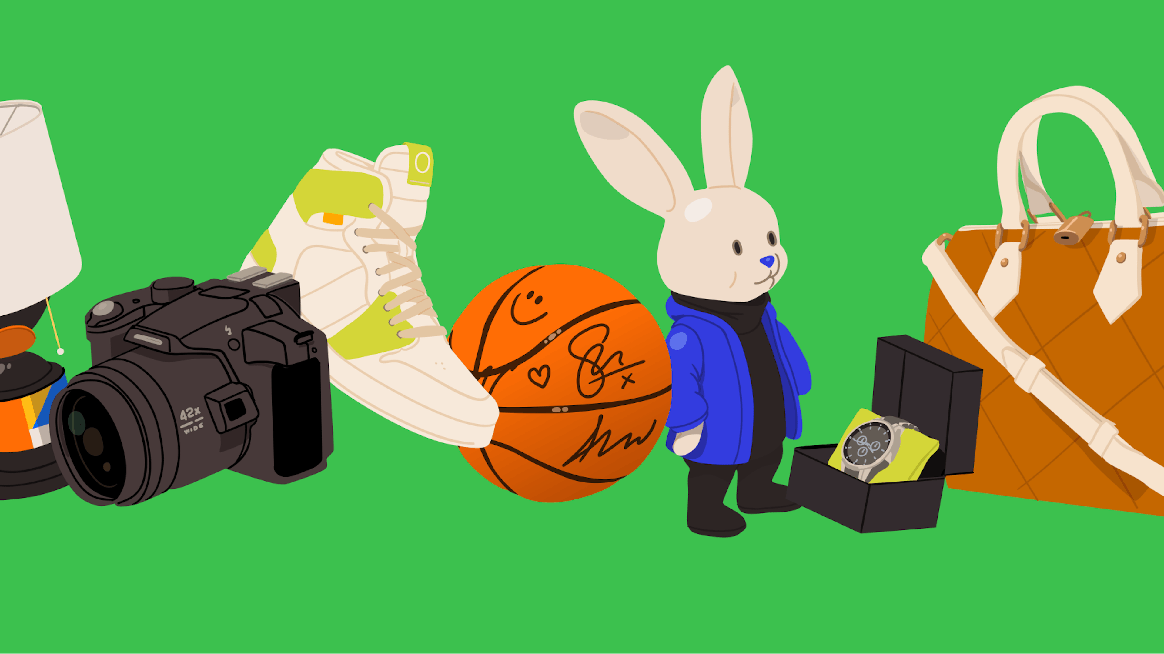 
Various items against a green background: a lamp, a camera, a pair of sneakers, an autographed basketball, a rabbit figurine, a wristwatch in a box, and a handbag.